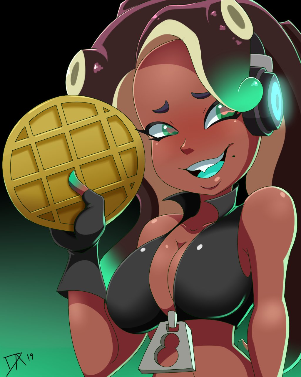 1girls, 2019, black gloves, blush, breasts, cephalopod, cephalopod humanoid, cleavage, dalley le alpha, dark skin, dark-skinned female, female, female only, fingerless gloves, food, gloves, green eyes, headphones, humanoid, large breasts, marina (splatoon), marine, marine humanoid, nintendo, octoling, open mouth, solo, splatoon, tentacle hair, waffle