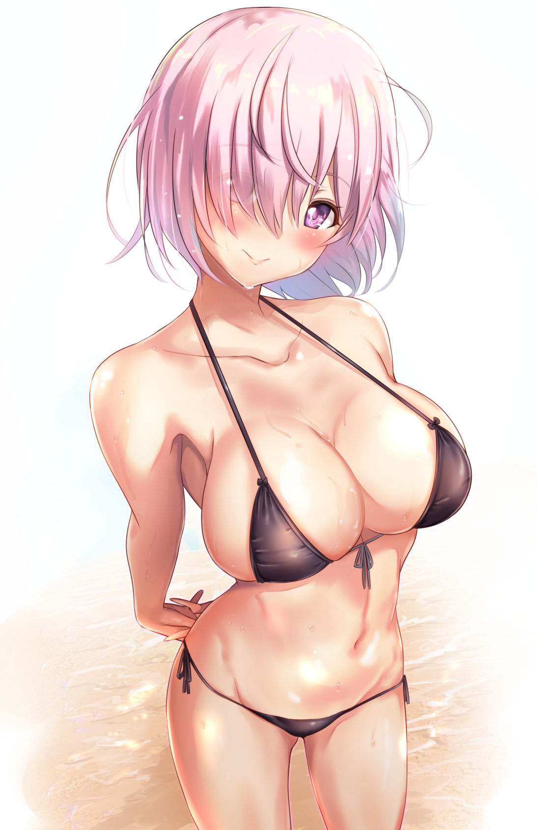 arched_back bangs bikini black_bikini breasts cleavage cowboy_shot eyebrows_visible_through_hair eyes_visible_through_hair fate/grand_order fate_(series) female female_only hair_over_one_eye hands_behind_back large_breasts mash_kyrielight pink_eyes pink_hair short_hair side-tie_bikini smile solo solo_female untue