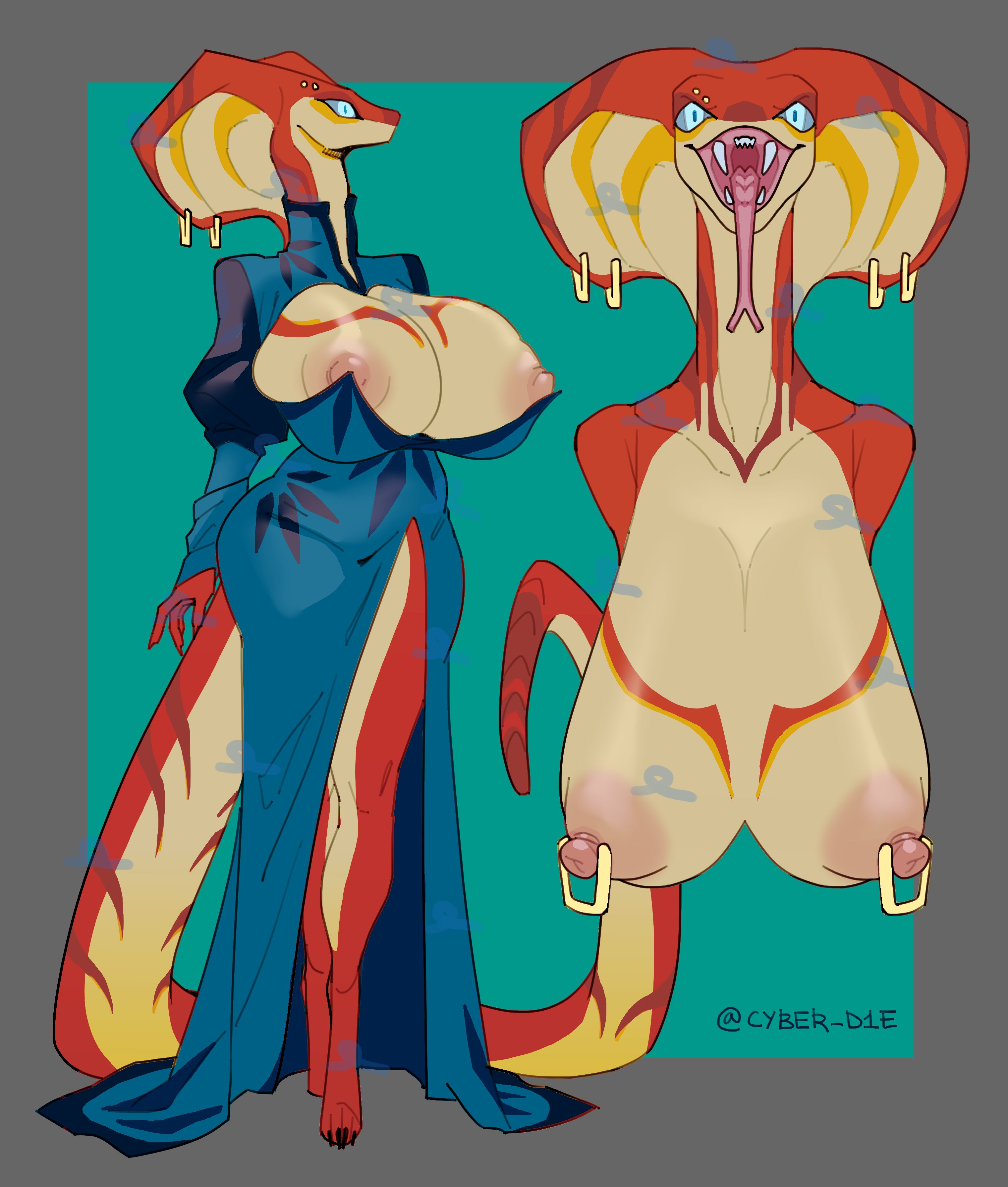 1girls, areolae, breasts, clothing, cyber d1e, hips, huge breasts, large areolae, large breasts, large nipples, nipple piercing, nipples, open mouth, original character, piercings, puffy nipples, sagging breasts, scalie, simple background, tail, teeth, thick thighs, thighs, tongue