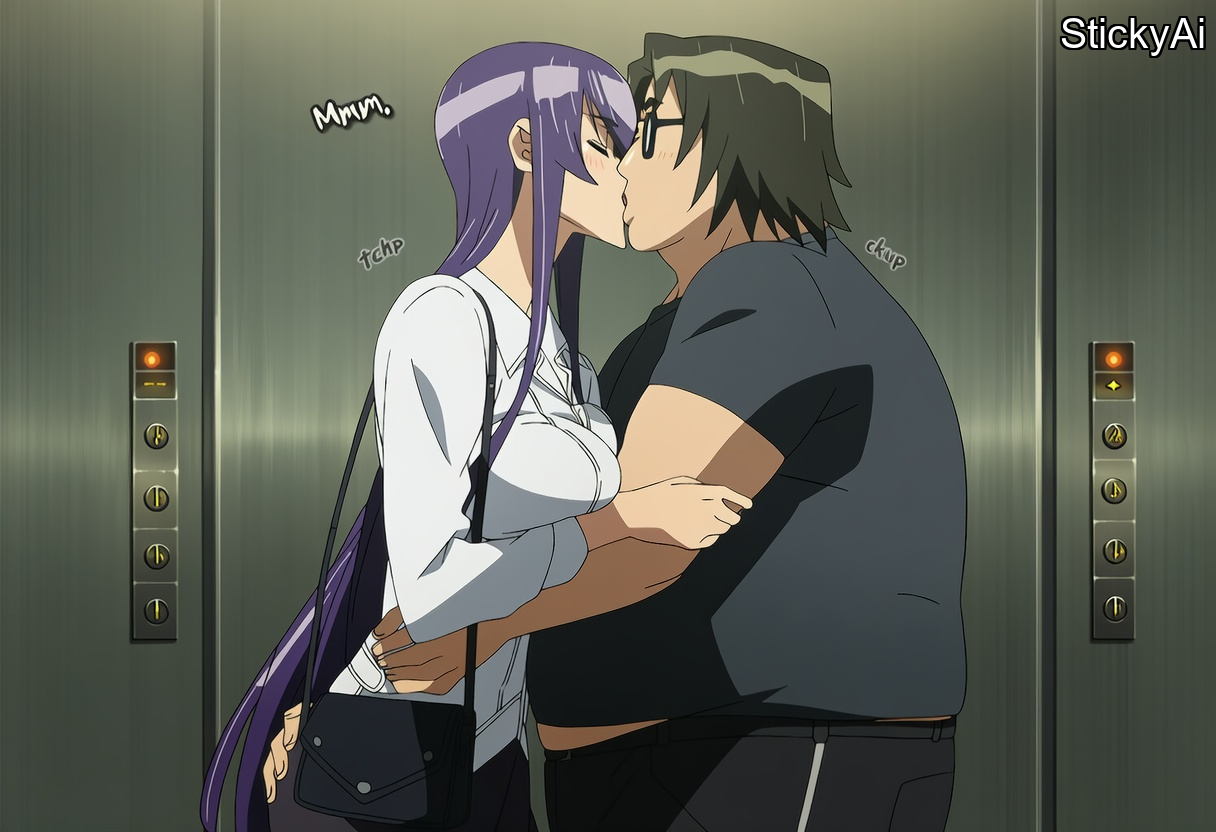 ai generated, anime coloring, blue eyes, cheating, cheating female, cheating girlfriend, highschool of the dead, hotd, large breasts, long hair, mature female, netorare, night, ntr, purple hair, saeko busujima, stickyai, toned, toned female