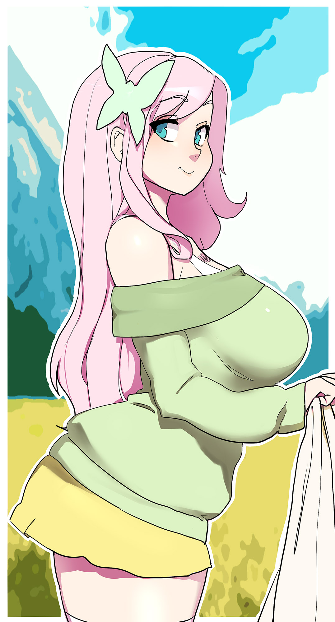 1girls, ass, bare shoulders, big ass, blue eyes, blue sky, blush, bra strap, breasts, butterfly hair ornament, female, fluttershy (mlp), friendship is magic, green sweater, hair ornament, holding, humanized, large breasts, long hair, looking at viewer, maniacpaint, my little pony, off shoulder, outside, pink hair, skirt, smile, solo, straight hair, sweater, thighhighs, yellow skirt, zettai ryouiki