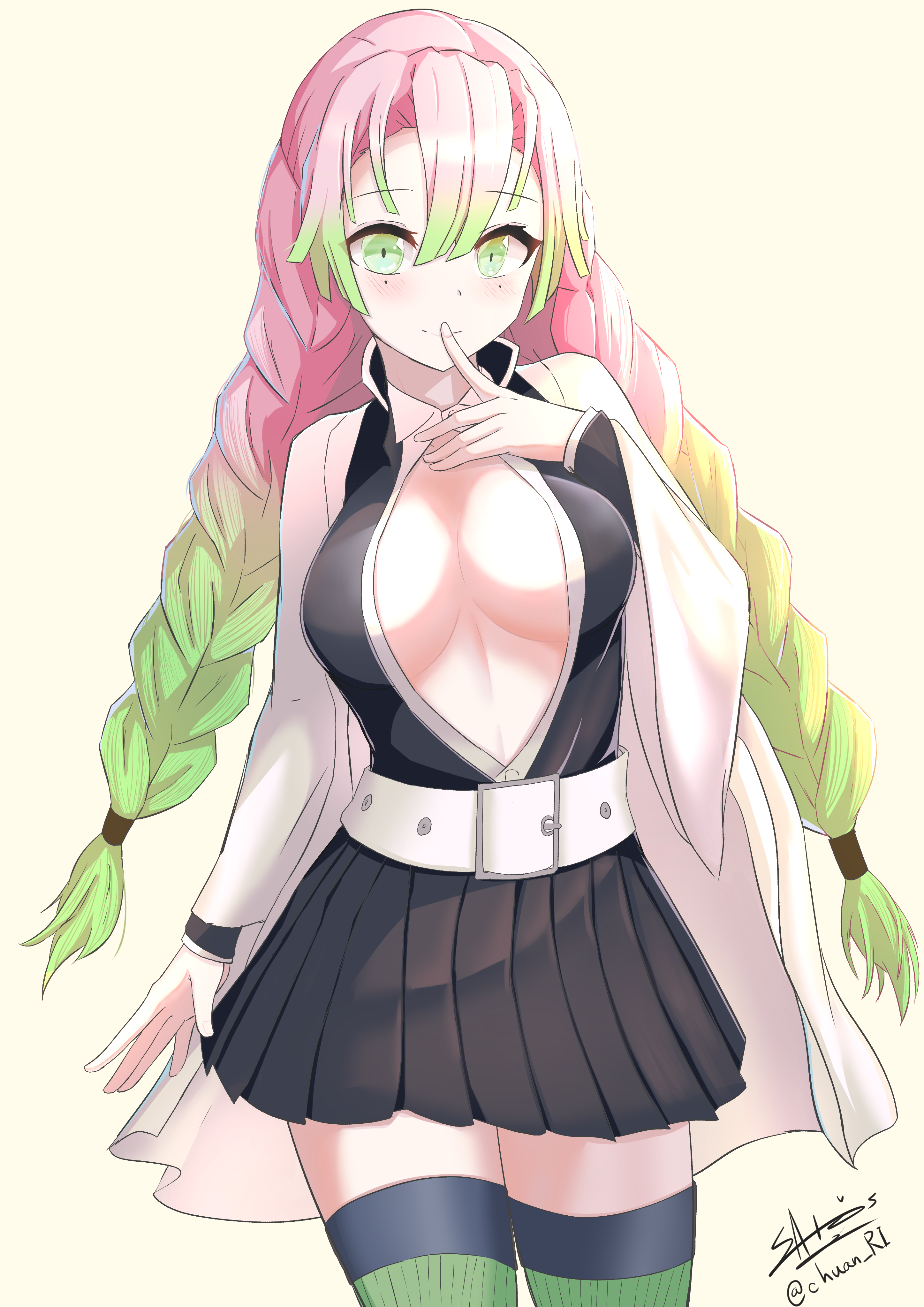 1girls, beltskirt, blush, braid, breasts, cleavage, demon slayer, digital media (artwork), eyebrows visible through hair, female, female only, green eyes, green hair, haori, human, ichikawayan, kanroji mitsuri, kimetsu no yaiba, legwear, light skin, light-skinned female, looking at viewer, multicolored hair, pink hair, pink-haired female, pleated skirt, skirt, smile, solo, standing, thighhighs, thighs, two-tone hair, very long hair