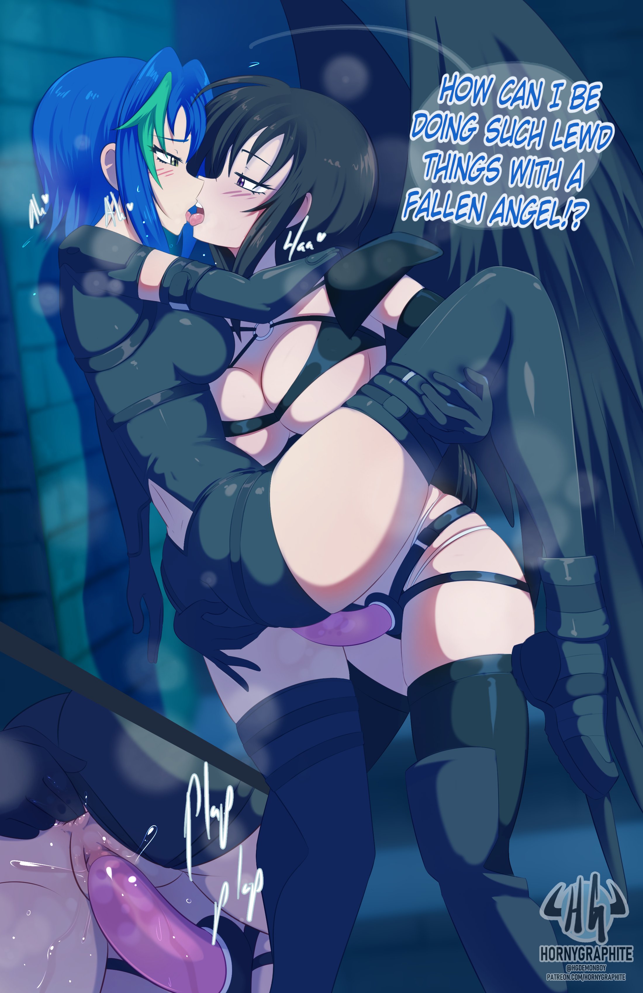 2girls, against wall, anus, ass, black hair, blue hair, blush, dialogue, english text, eye contact, female, female only, female penetrating, female penetrating female, female/female, fingering, fingering ass, fingering partner, green highlights, high school dxd, holding leg, hornygraphite, kissing, narrowed eyes, penetration, pussy, raynare, speech bubble, standing, steam, strap-on, tongue kiss, vaginal penetration, very high resolution, wings, xenovia quarta, yuri