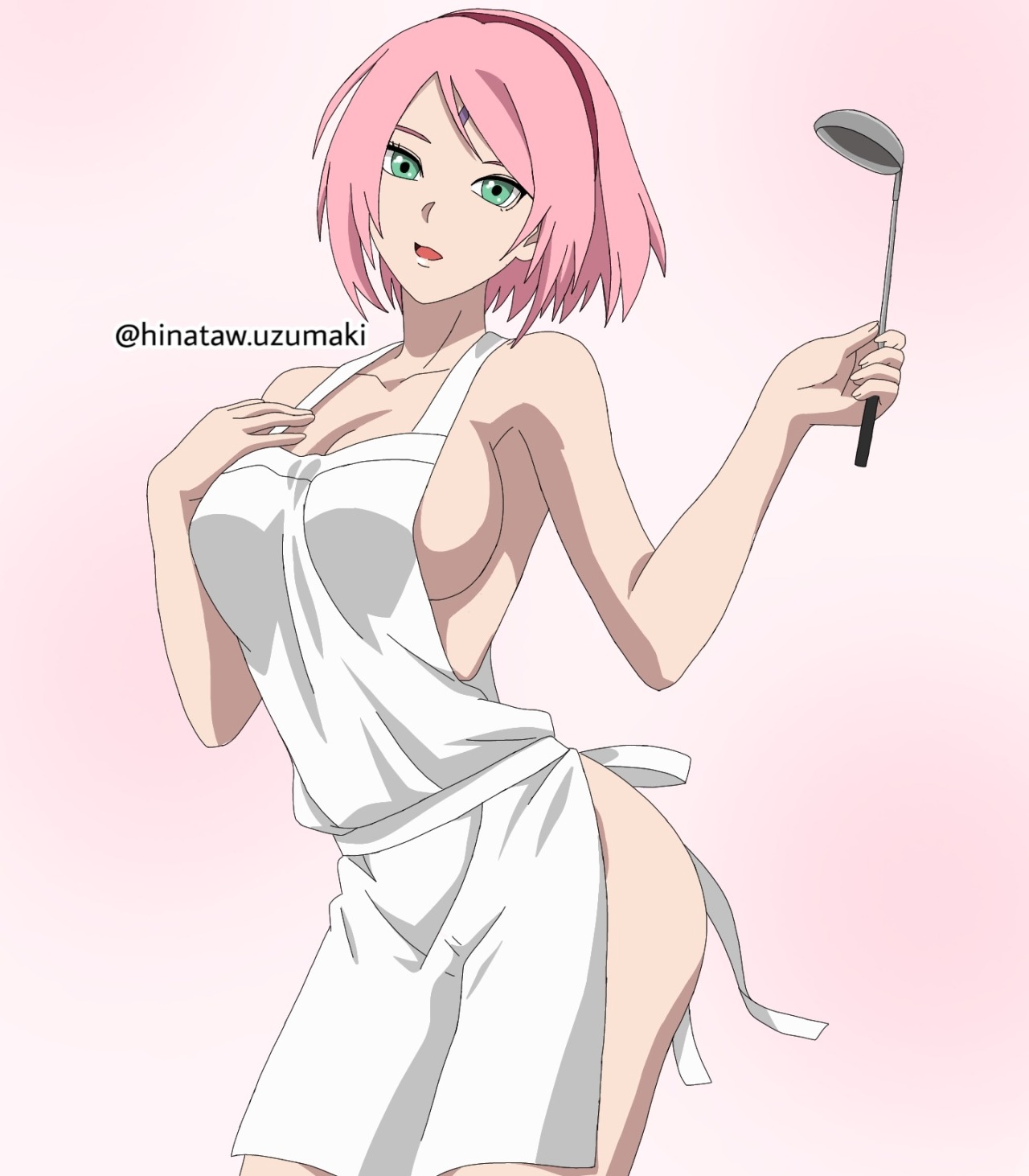 @hinataw.uzumaki, 1girls, apron, boruto: naruto next generations, breasts, clavicle, cleavage, collarbone, facial mark, female, female only, forehead mark, green eyes, hairband, holding object, ladle, looking at viewer, naked, naked apron, naruto, naruto (series), nude, open mouth, pink background, pink hair, sakura haruno, simple background, solo