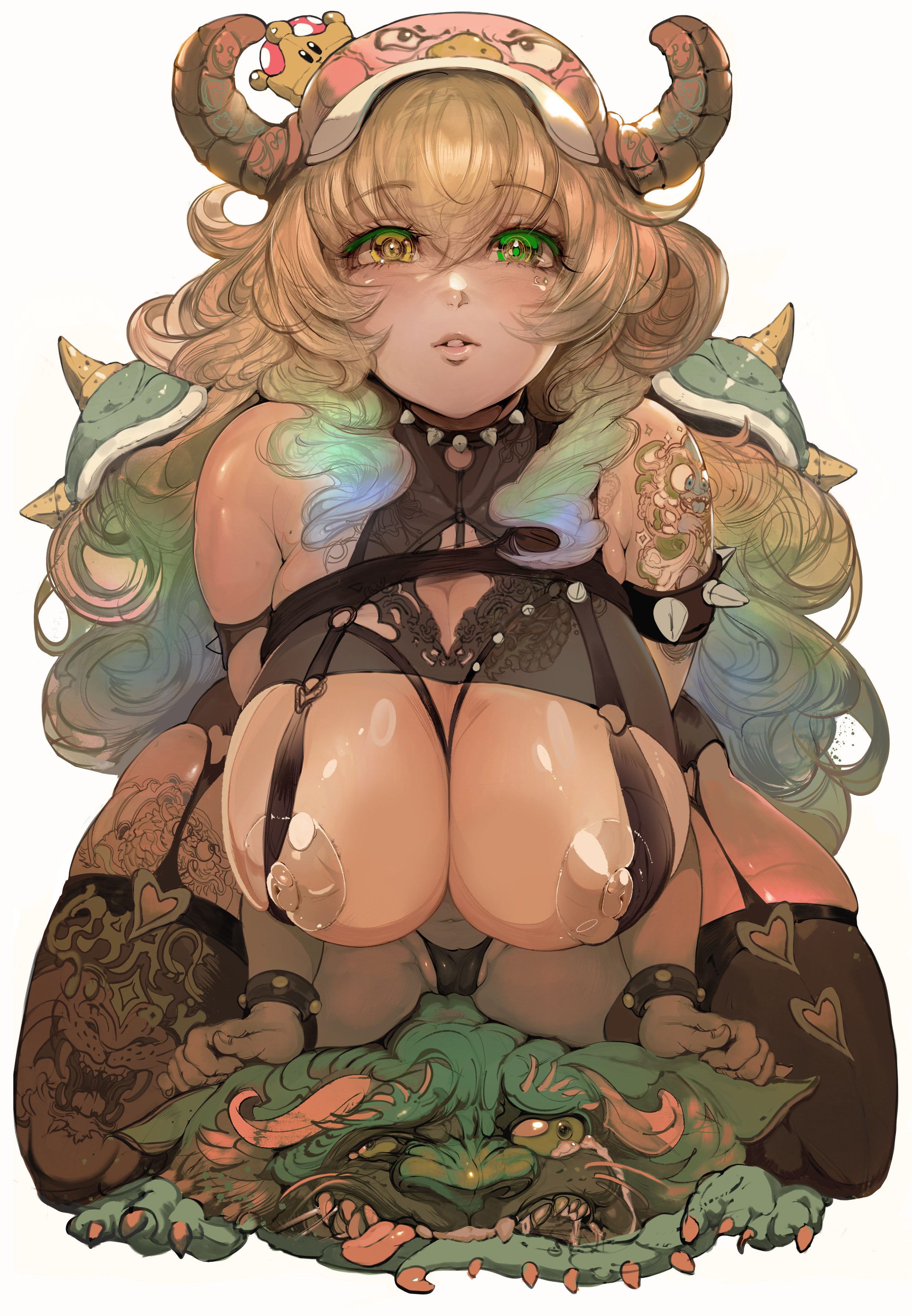 1girls, areolae, big breasts, bowsette, breasts, dragon, dragon girl, female, heterochromia, huge breasts, looking at viewer, lucoa, lucoa (maidragon), miss kobayashi's dragon maid, nipples, parkjinsuky, quetzalcoatl (dragon maid), third-party edit