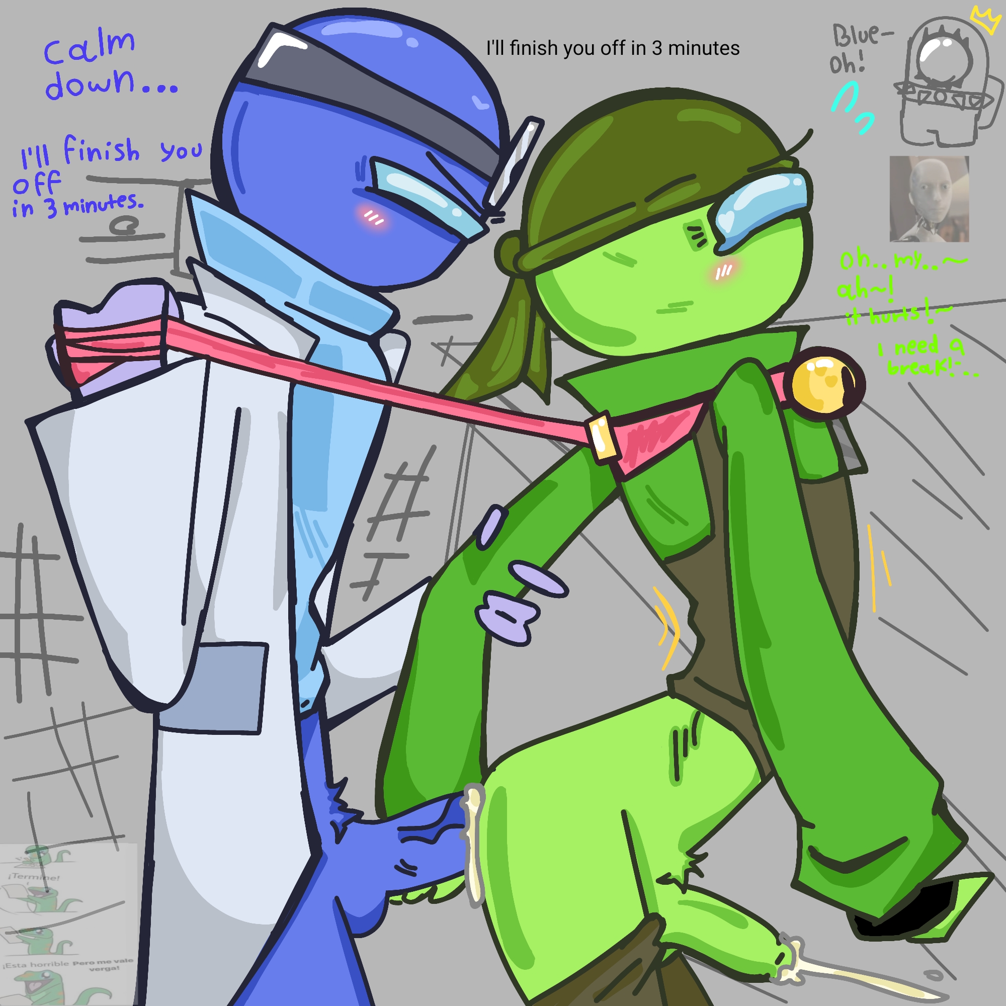 2boys, among us, among us (series), blue (among us), cum, digital media (artwork), doctor, gay, lime (among us), semen on breasts, sex, simple background, standing, yaoi