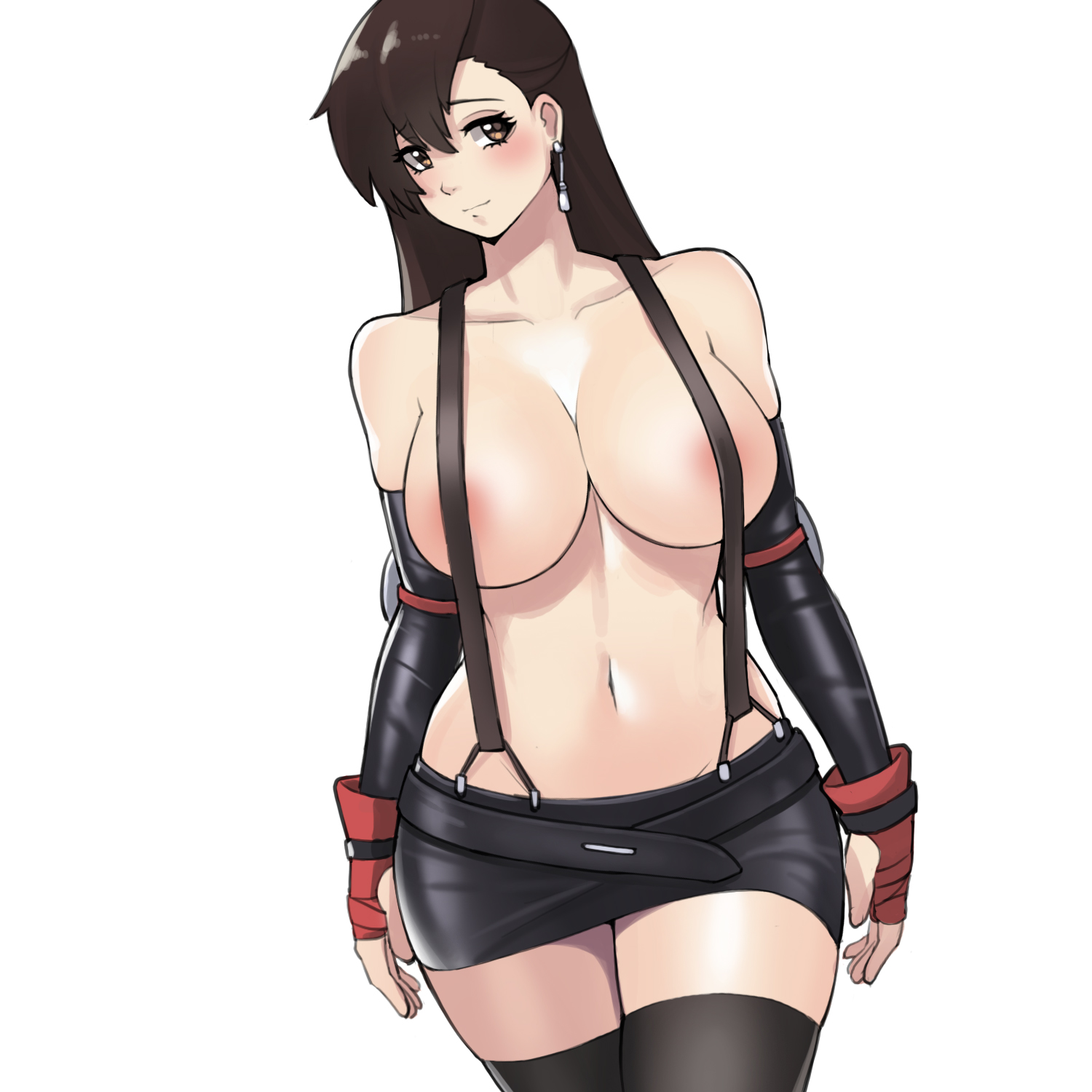1girls, areola slip, areolae, bangs, belt, big breasts, black belt, black legwear, black skirt, blush, breasts, brown eyes, brown hair, closed mouth, collarbone, curvy, donburikazoku, earrings, elbow gloves, elbow pads, eyelashes, female, female only, final fantasy, final fantasy vii, fingerless gloves, gloves, groin, highres, jewelry, large breasts, long hair, looking at viewer, miniskirt, naked suspenders, navel, red gloves, simple background, skirt, smile, solo, stomach, suspender skirt, suspenders, thighhighs, tifa lockhart, topless, white background, wide hips