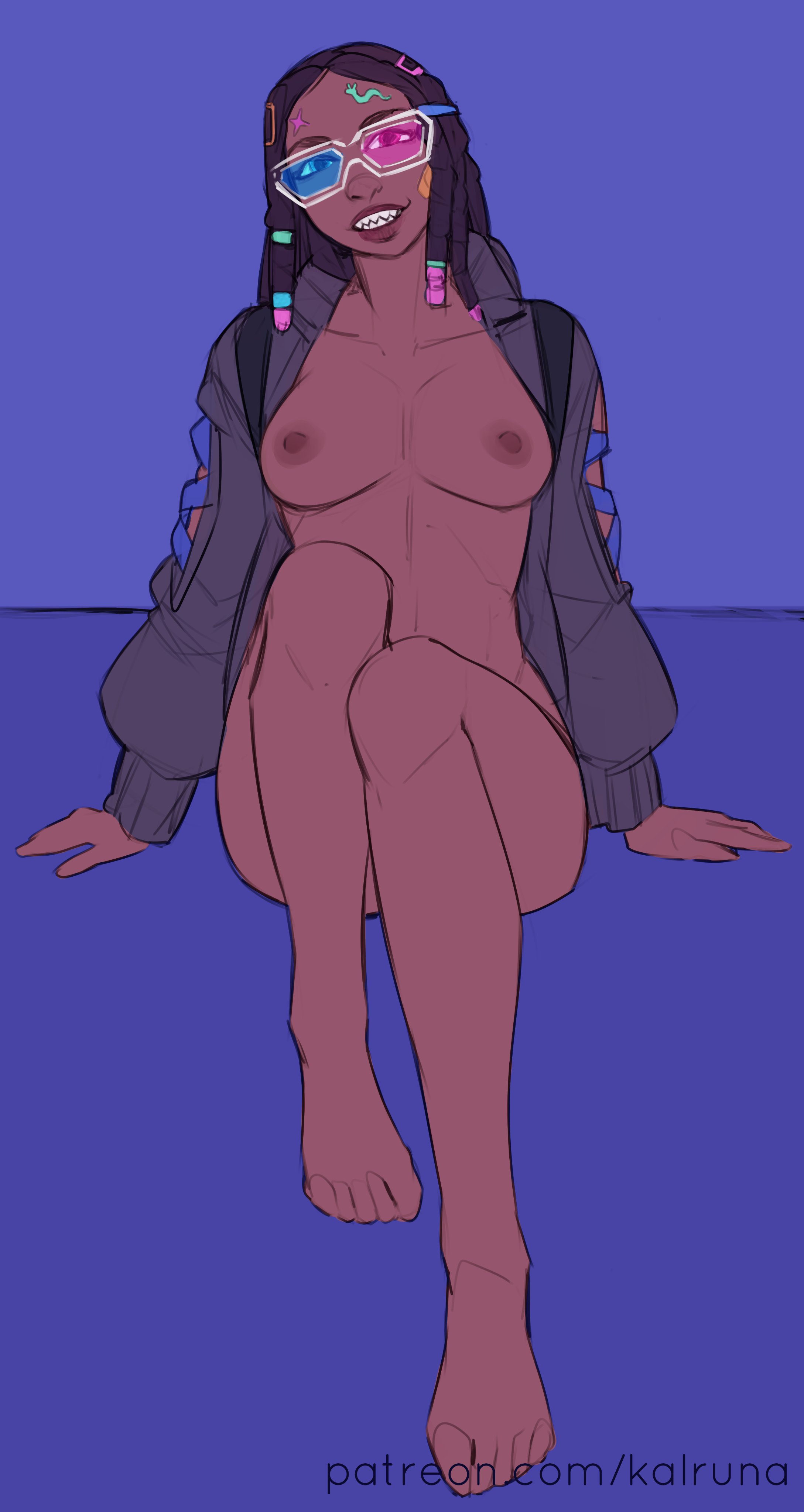 1girls, chocolate girl, dark skin, dark-skinned female, ebony, ebony female, female, female only, fortnite, glasses, imani (fortnite), jacket, jacket only, kalruna, nude, nude female, solo, tinted eyewear