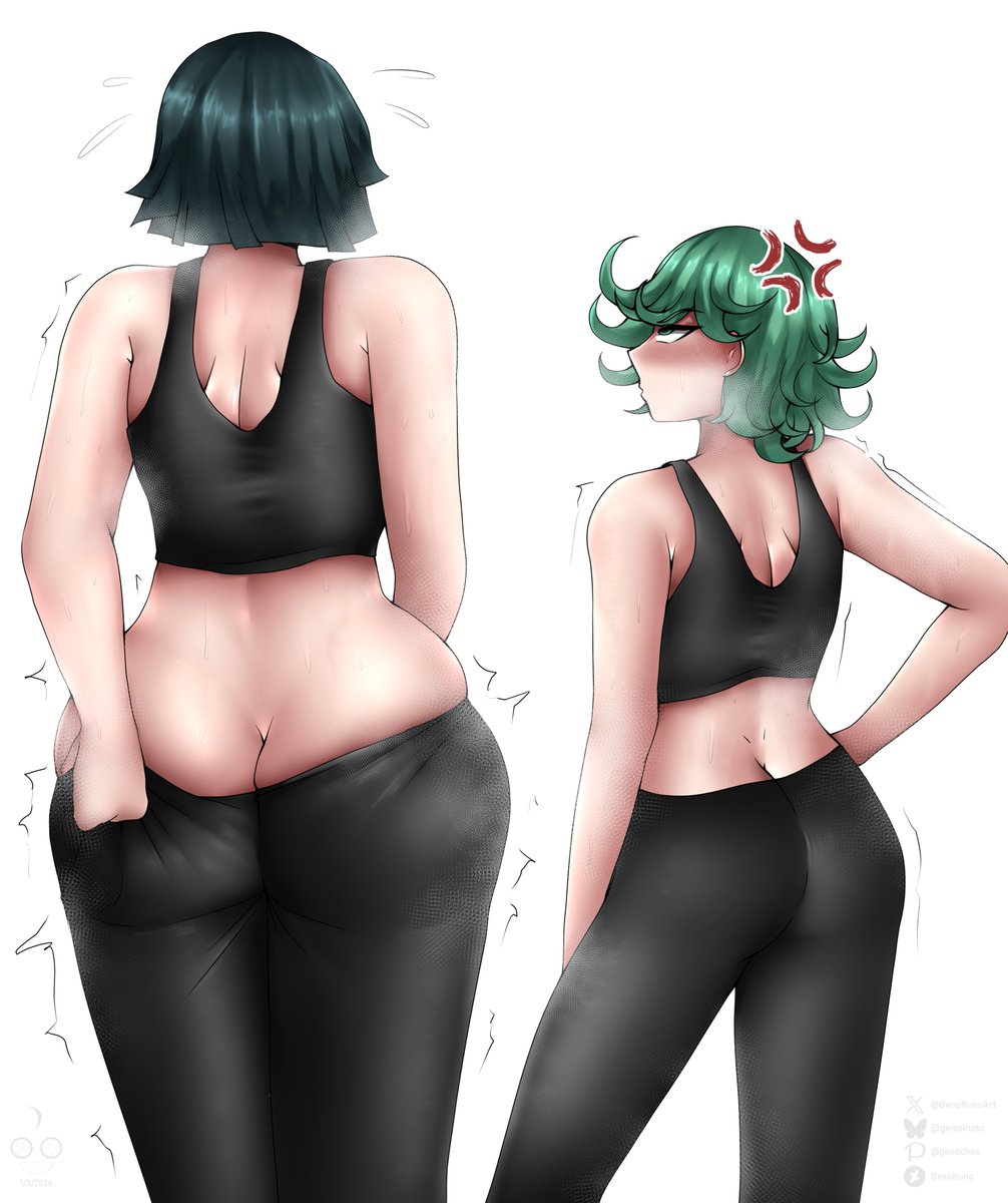 2girls, angry, angry face, ass, ass cleavage, ass crack, ass focus, big ass, big butt, black hair, bottomwear halfway down, bubble butt, butt cleavage, butt crack, chubby female, exercise clothing, fat ass, fubuki (one-punch man), genokuno, green eyes, green hair, implied weight gain, one-punch man, struggling, struggling to fit, sweat, sweatdrop, tatsumaki, thick thighs, tight clothing, weight gain, wide hips, workout clothes