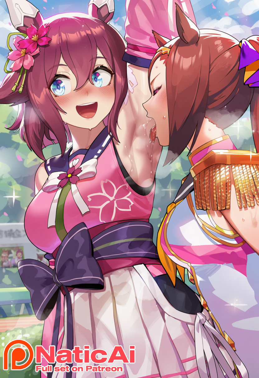 2girls, absurdres, ai generated, animal ears, arm behind head, armpit fetish, armpits, arms up, bakushin o armpit gif (meme), brown hair, ear ribbon, female, frown, hair ribbon, hairband, highres, horse ears, horse girl, horse tail, licking armpit, long bangs, long hair, naticai, ponytail, purple eyes, purple ribbon, ribbon, sailor collar, sakura bakushin o (umamusume), sakura chiyono o (umamusume), shirt, sleeveless, sleeveless shirt, solo, standing, steam, steaming body, stretching, sweat, sweaty, tail, umamusume, umamusume pretty derby, yuri