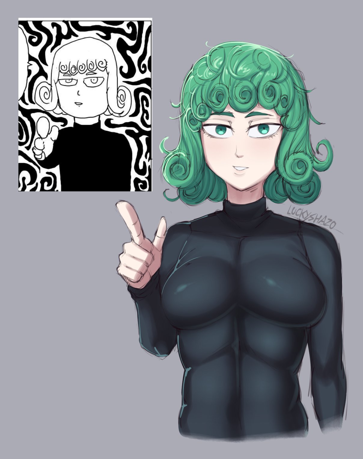1girls, 2026, dress, female only, green eyes, green hair, hi res, high resolution, highres, light skin, light-skinned female, luckyshazo, one punch man, short hair, small breasts, solo, solo focus, tatsumaki