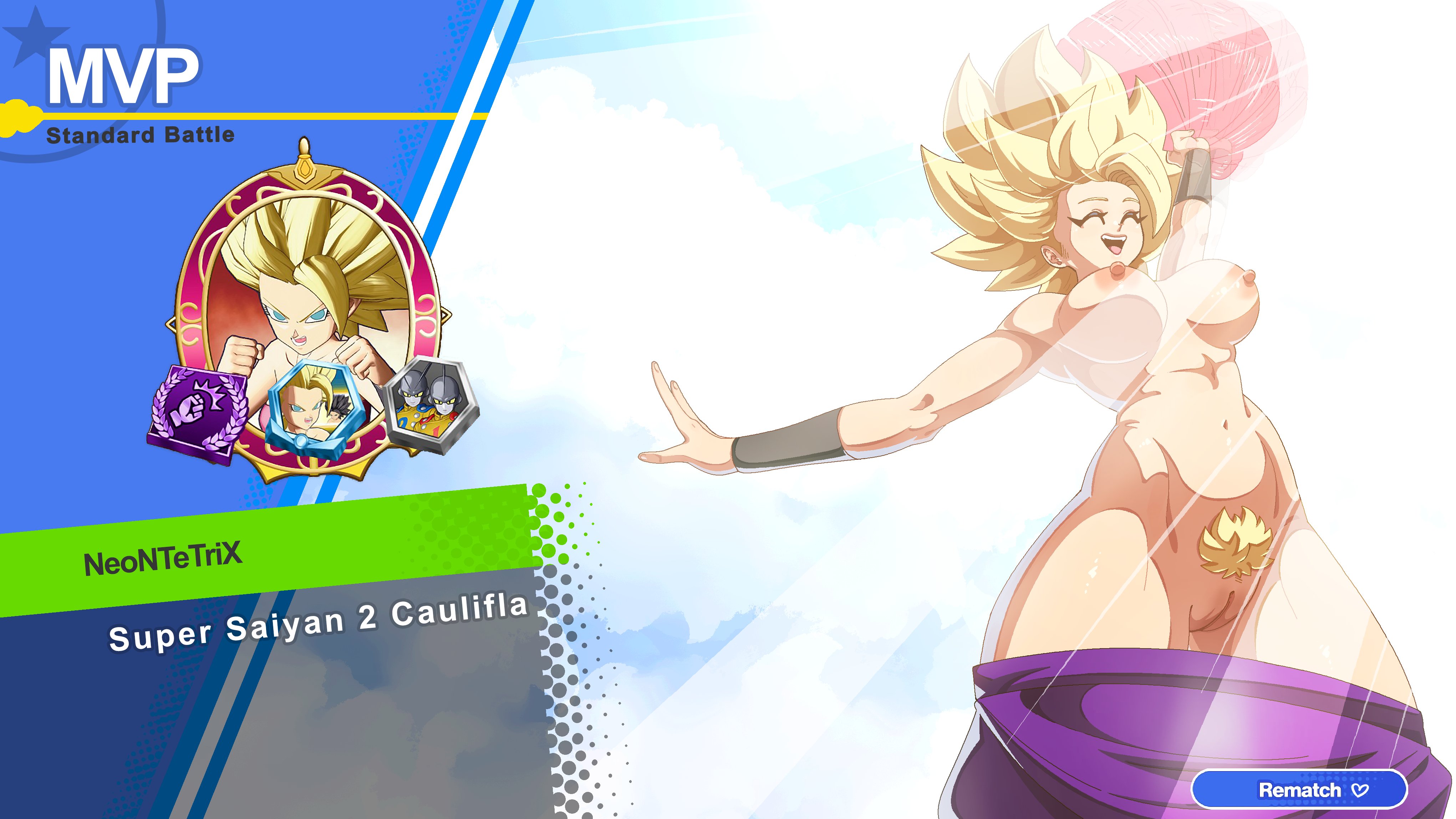 1girls, 2d, 2d (artwork), alternate breast size, alternate version at source, alternate version available, areolae, bare thighs, big breasts, blonde female, blonde hair, blonde pubes, blonde pubic hair, blue skin, breasts, caulifla, clouds, dragon ball, dragon ball gekishin squadra, dragon ball super, dragon ball z, female, golden hair, golden pubic hair, light skin, light-skinned female, mvp, neontetrix, nipples, pants, pants down, pubic hair, purple pants, pussy, saiyan, saiyan female, shounen jump, shueisha, spiky hair, super saiyan, super saiyan 2, thighs, topless, tournament of power, twirling clothes, vagina, victory pose, victory screen, video game, wristband, wristbands