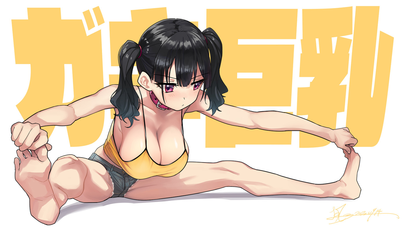 barefoot, big breasts, breasts, collar, feet, female, female only, gaki kyonyuu, kaedeko (kaedelic), kanna sasaki (kaedeko), original, shorts, solo, spread legs, twintails