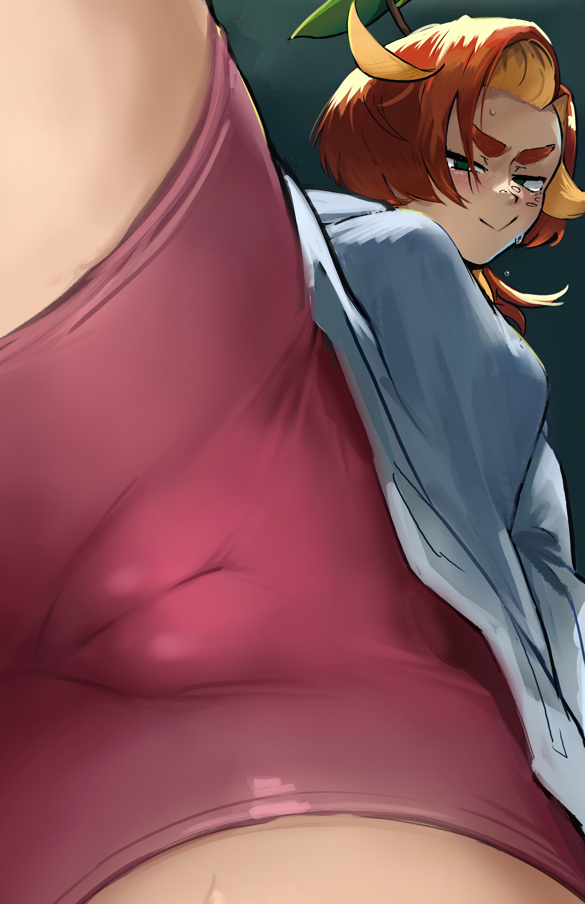 cameltoe, clothed female, facesitting, freckles, from below, looking at viewer, looking down, red hair, ringo tsuga, smug, spats, sweat, youtube, youtuber