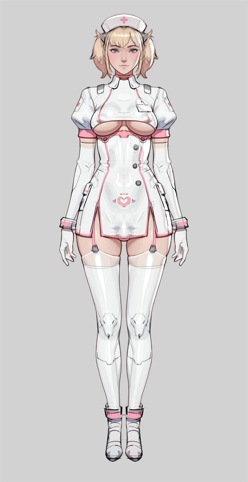 1futa, 2d, blonde hair, blue eyes, breasts, bulge, bulge through clothing, bulge under clothes, female, futa only, futanari, garter straps, looking at viewer, nurse, nurse cap, nurse hat, nurse outfit, nurse uniform, solo, solo futa, standing, stockings, tarakanovich, twintails, underboob, underboob cutout, uniform, white gloves, white skin, white stockings