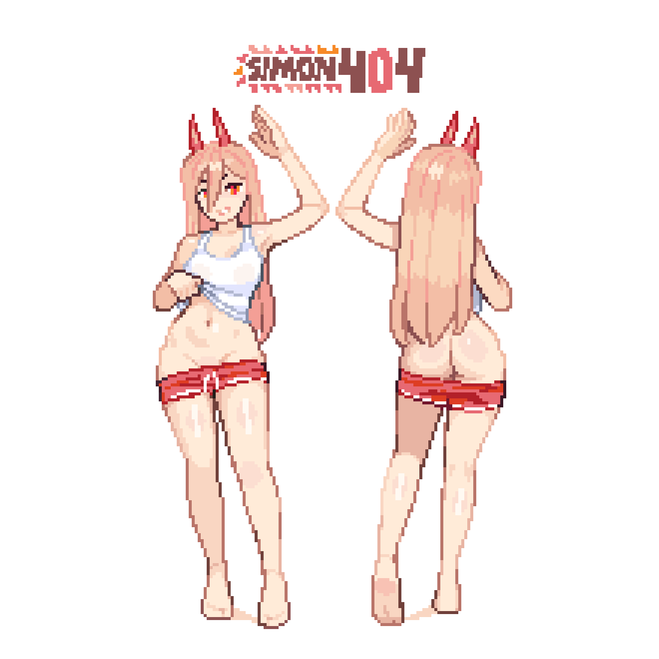 1girls, alternate version available, artist signature, ass, ass out, barely visible genitalia, barely visible pussy, blonde hair, chainsaw man, demon horns, female torso, flashing, fupa, horns, lifting shirt, long hair, mons pubis, navel, partially undressed, pixel art, power (chainsaw man), red eyes, shorts, sim0n404, simon404, solo, solo focus, standing, stomach, strawberry blonde hair, tank top, waving at viewer, white topwear