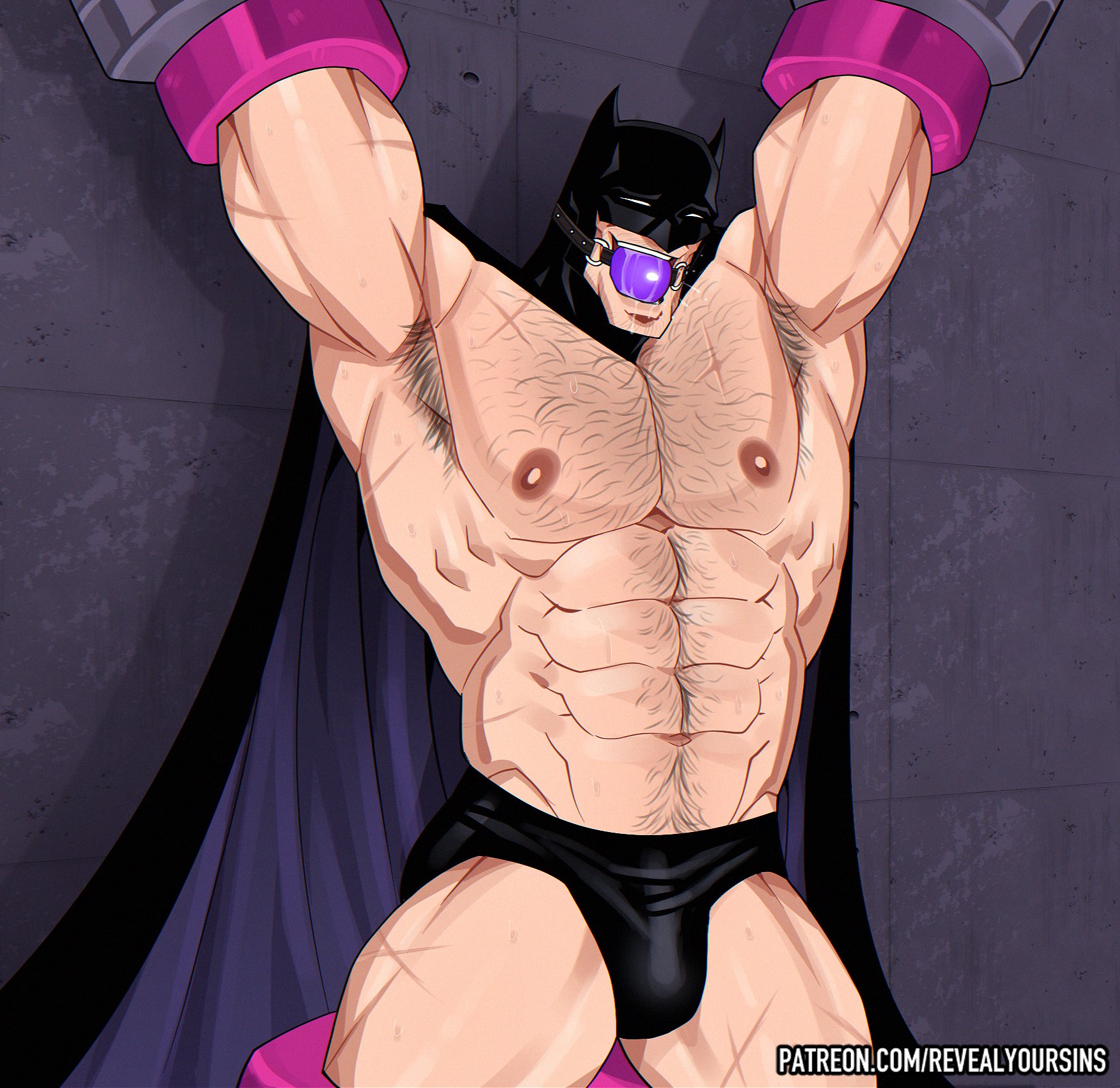 1boy, abs, armpit, armpit hair, armpits, arms up, bara, batman, batman (bruce wayne), batman (series), black briefs, black cape, black underwear, body hair, briefs, briefs only, bruce wayne, buff, bulge, cape, chest hair, daddy, dc, dc comics, dilf, flaccid, gag, gagged male, hairy, hairy abs, hairy armpits, hairy chest, hairy male, hairy stomach, happy trail, human, human only, light skin, light-skinned male, male, male focus, male only, masculine male, mask, masked, mature, mature male, muscles, muscular, muscular male, muscular thighs, nipples, pecs, pectorals, purple gag, revealyoursins, six pack, solo, solo focus, solo male, sweat, sweating, thick thighs, underwear, underwear only, yaoi