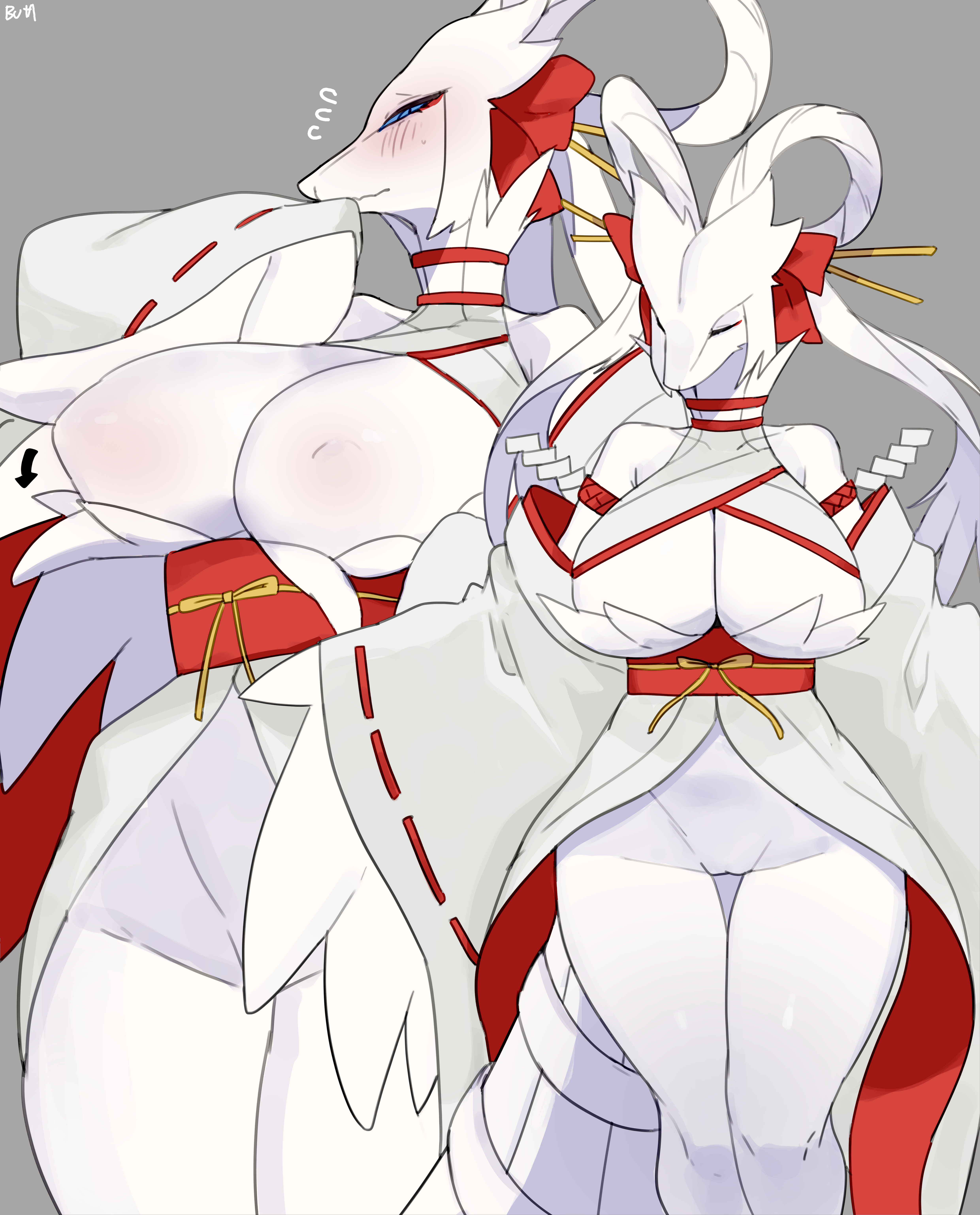 1girls, 2026, absurd res, anthro, areola, big breasts, biped, blue eyes, blush, breasts, buta99, closed eyes, clothed, clothed anthro, clothed female, clothing, digital drawing (artwork), digital media (artwork), embarrassed, exposed breasts, female, female only, front view, fur, generation 5 pokemon, grey background, hair, hi res, legendary pokemon, looking at viewer, nintendo, nipples, pokemon, pokemon (species), reshiram, simple background, solo, standing, tail, white body, white fur, white hair, white tail