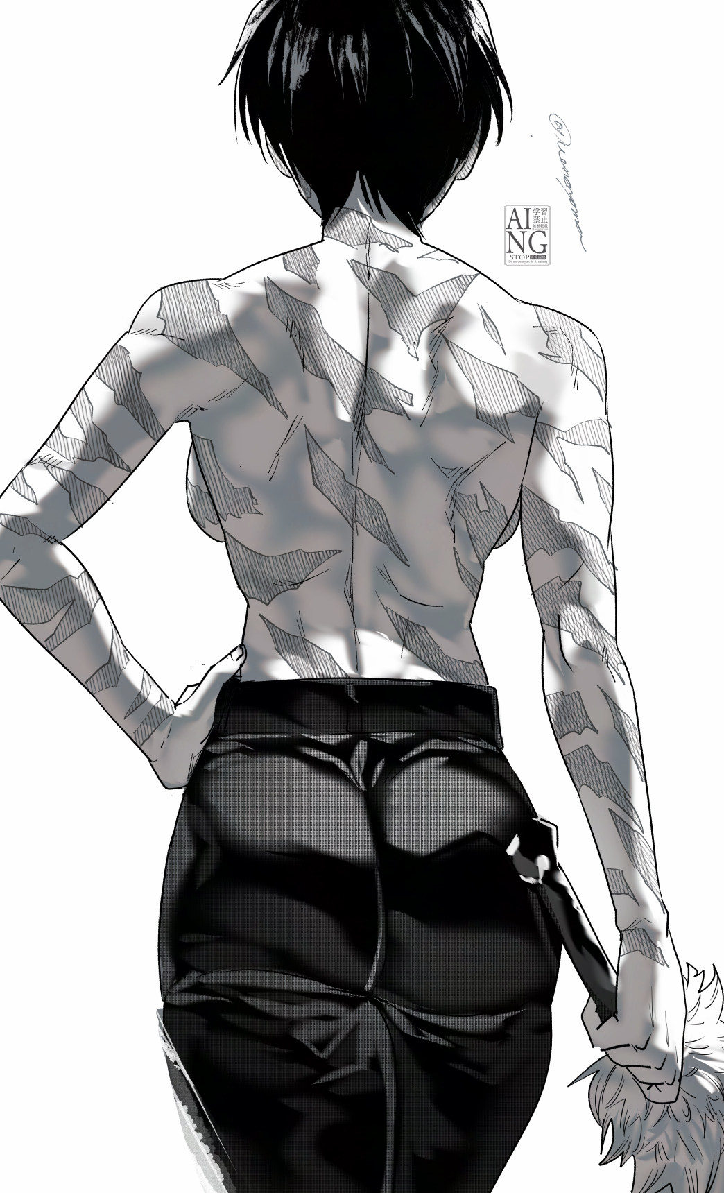 1girls, absurdres, ass, back, back view, backboob, belt, big ass, big breasts, breasts, breasts bigger than torso, breasts visible from back, female, female only, hand on hip, highres, hips, hips wider than shoulders, holding weapon, jujutsu kaisen, mommy, monochrome, muscular female, pants, scars, short hair, sword, tomboy, topless, uenoryoma, very short hair, weapon, zenin maki