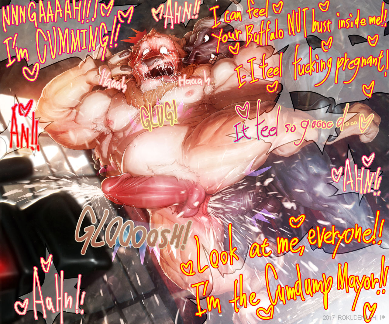 abs, ahe gao, anal, anal sex, anthro, ass, balls, bara, bovine, camera, chief bogo, cum, cum in ass, cum inside, disney, drooling, eyes rolling back, feline, furry, gay, humanoid penis, leg grab, leodore lionheart, male, male only, male/male, muscular, nipples, peace sign, penetration, penis, rokudenashi, sex, stomach bulge, tears, teeth, testicles, text, tongue, tongue out, yaoi, zootopia