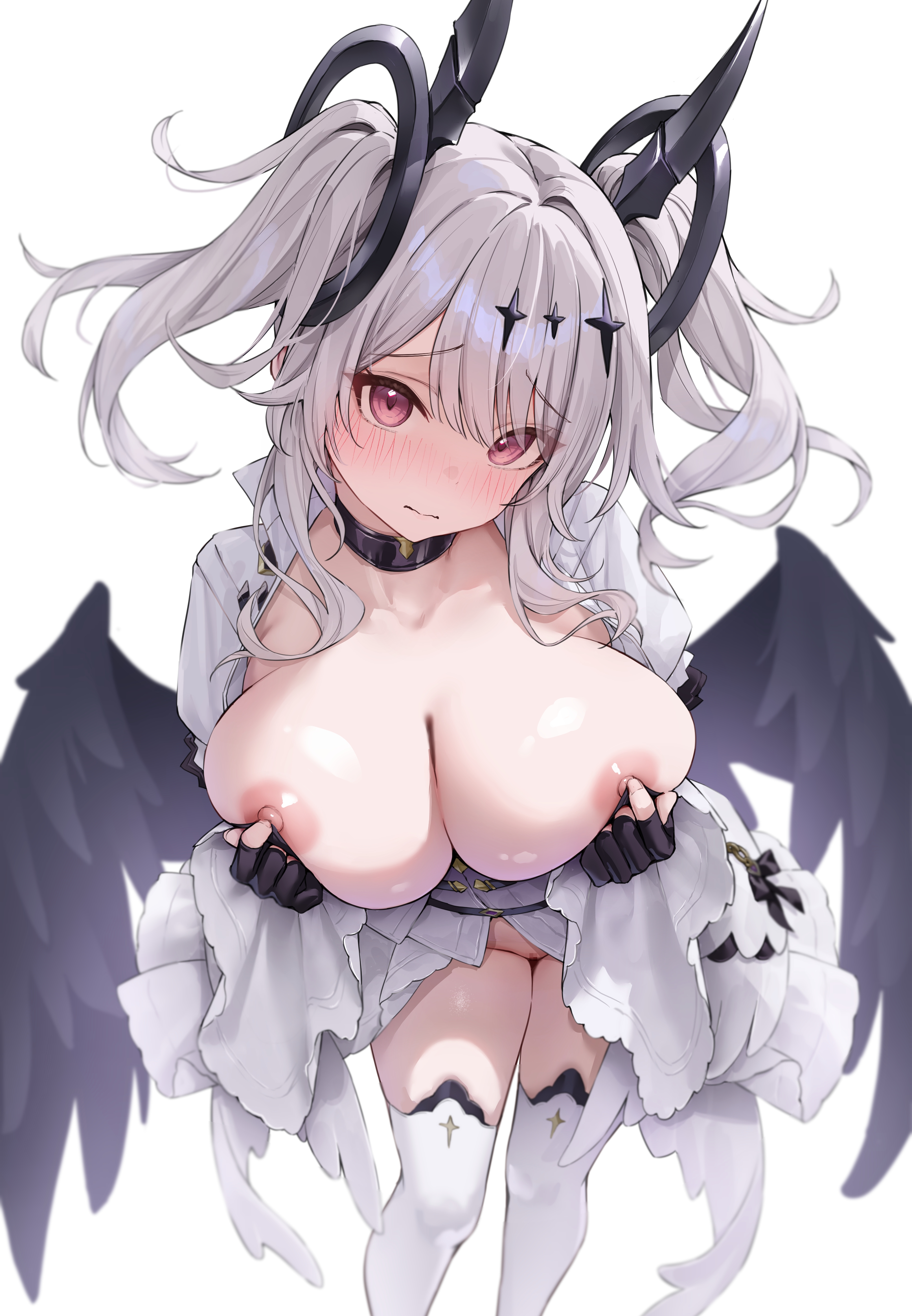 azur lane, bangs, black collar, black gloves, black wings, blush, breasts, breasts outside, choker, classic (zildjian33), cleavage, closed mouth, collar, collarbone, demon girl, demon wings, dress, eyebrows visible through hair, eyes visible through hair, feathered wings, feet out of frame, female, fingerless gloves, frills, gloves, hair between eyes, hair ornament, horns, joffre (azur lane), large breasts, long hair, long sleeves, looking at viewer, multiple wings, nipples, no bra, no panties, nose blush, open clothes, original, pink eyes, purple eyes, red eyes, sidelocks, simple background, solo, standing, thighhighs, twintails, two side up, white background, white dress, wide sleeves, wings