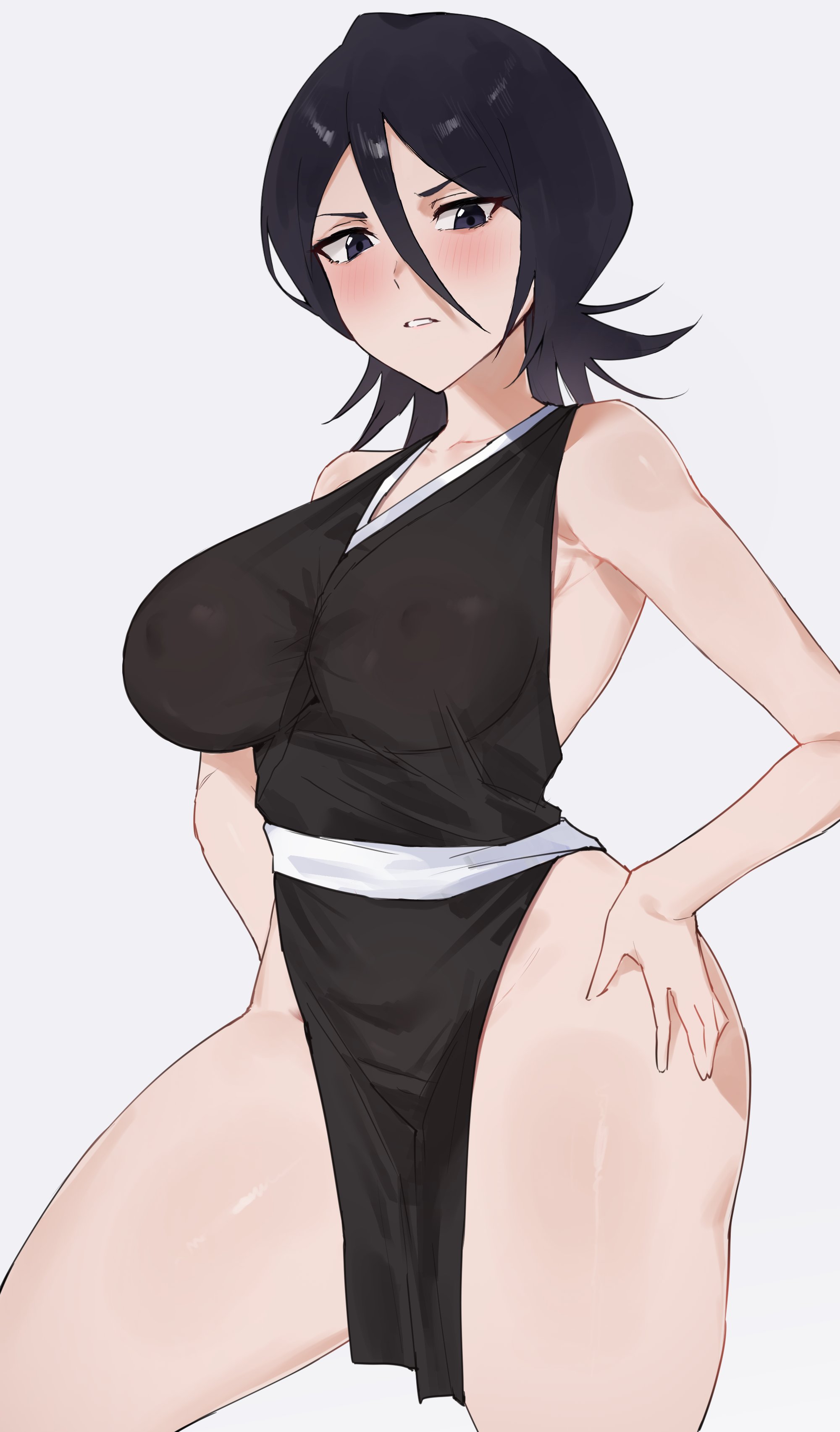 absurdres, alternate breast size (larger), bare shoulders, bare thighs, black hair, bleach, breasts, collarbone, dress slit, female, female focus, female only, hands on own hips, highres, japanese clothes, kataku musou, kuchiki rukia, large breasts, light blush, looking at viewer, medium hair, parted lips, shihakusho, shiny skin, side slit, simple background, slit dress, solo, solo focus, standing, thighs