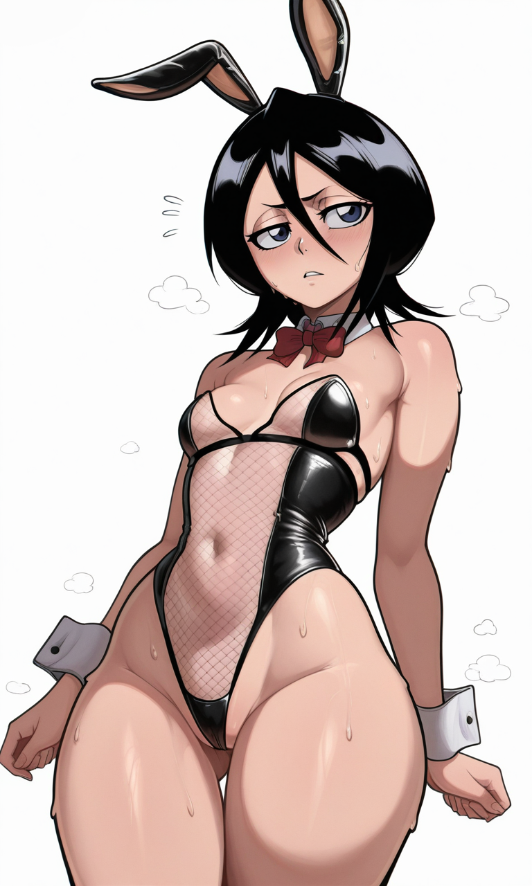 1girls, ahe gao, ai generated, arms behind head, back view, black bunny ears, black fishnets, black hair, black leotard, bleach, blue eyes, blush, bow tie, breasts, bunny ears, bunny suit, bunny tail, bunnysuit, choker, collar, cuffs, cum, cum drip, cum on body, cum on pussy, cum pool, detached sleeves, drool, female, female only, fishnet stockings, from above, from behind, highres, kuchiki rukia, latex, light-skinned female, looking at viewer, lying on back, mrcornerguy, nipples, on bed, open mouth, pussy, red bowtie, shiny, short hair, solo, spread legs, sweat, sweat on body, sweatdrop, tears, thick thighs, tongue out, wide hips