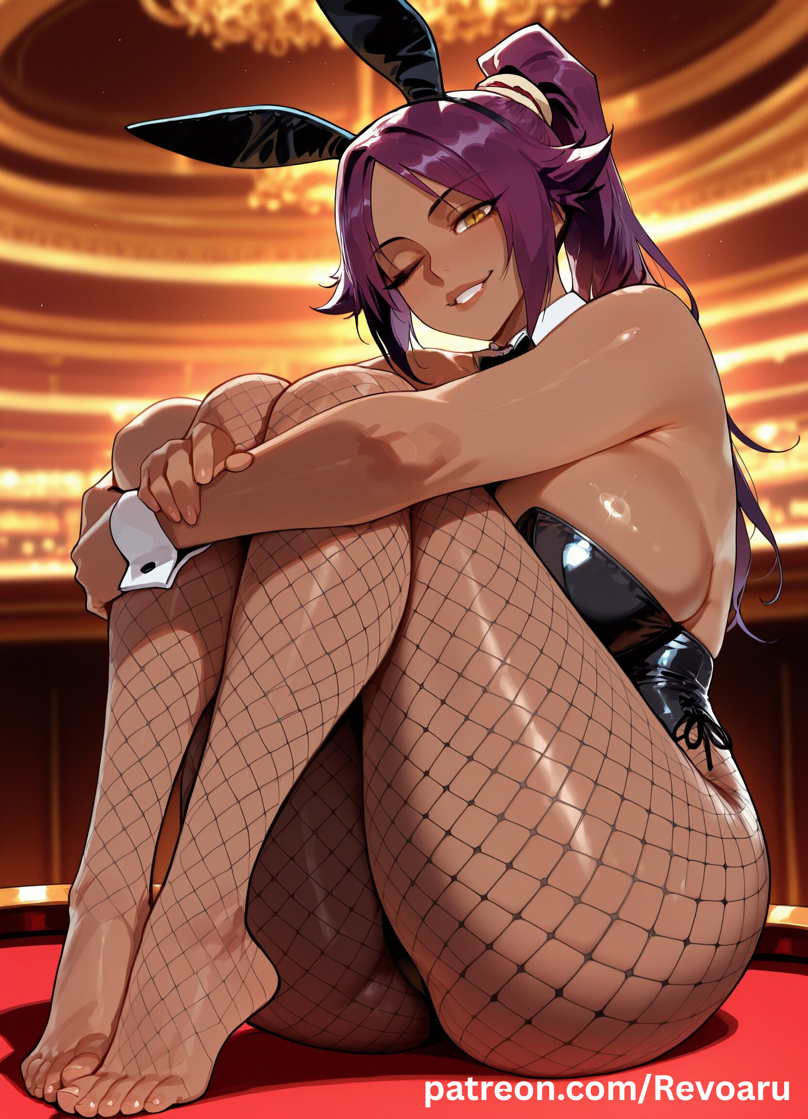 ai generated, big breasts, black skin, bleach, bleach: the thousand-year blood war, breasts, bunny costume, bunny girl, bunnygirl, bunnysuit, female, female only, huge breasts, mature, mature female, purple hair, quality, revoaru, shihouin yoruichi, solo, thick thighs, thighs