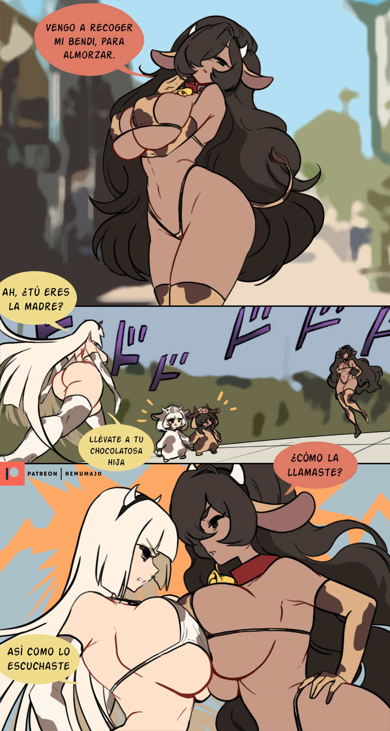 2girls, angry, breast docking, breasts, cow girl, cow horns, cow print, cow print bikini, cow tail, cowbell, dark skin, dark-skinned female, docking, elbow gloves, high waisted panties, high waisted thong, jojo reference, long hair, meme, meme reference, nemumajo, pale skin, pale-skinned female, tagme