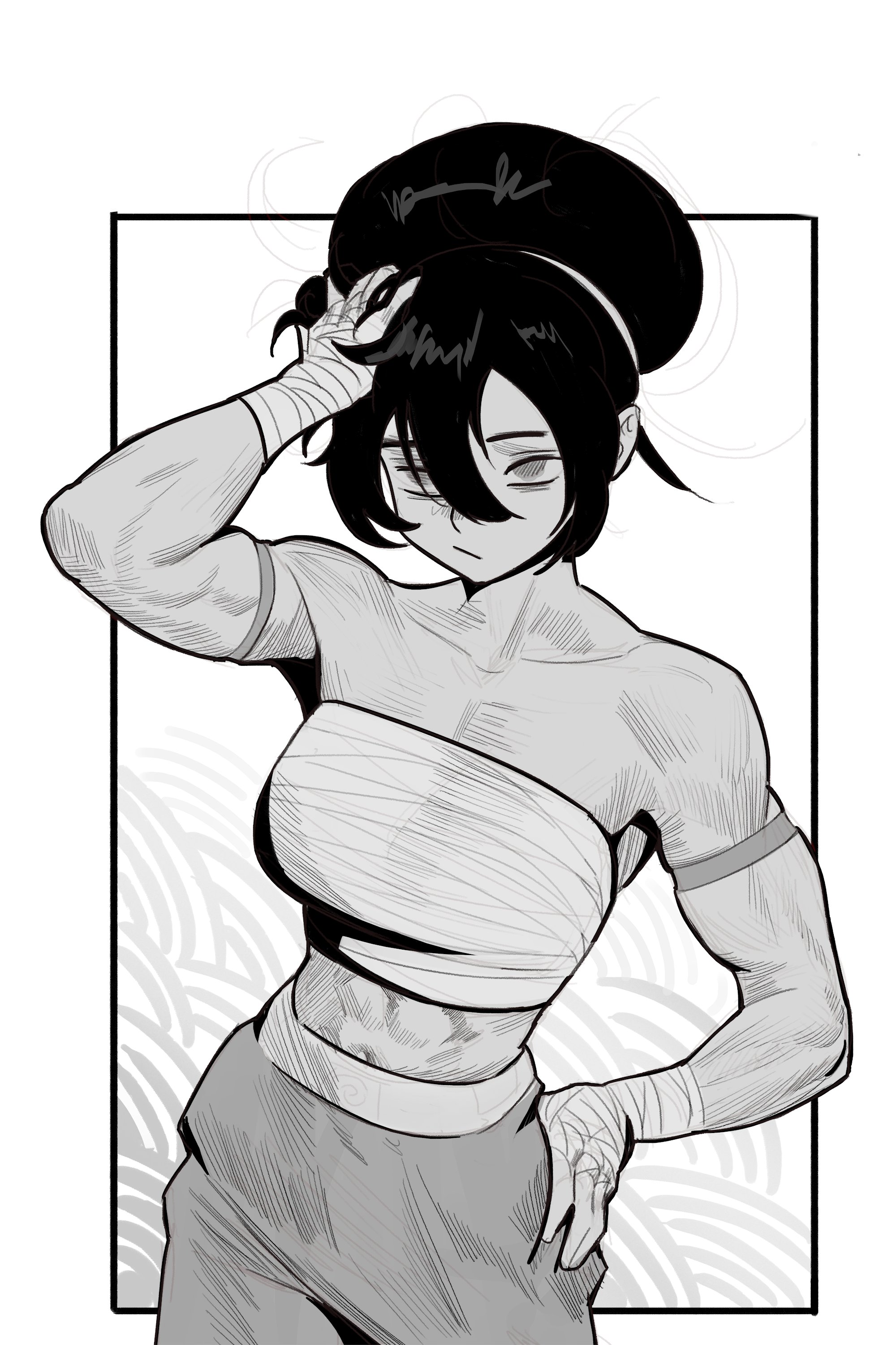 1girls, abs, antin illust, avatar the last airbender, big boobs, big breasts, black hair, black hair female, blind, blind female, boobs, breasts, female, female only, fit, fit female, large boobs, large breasts, light skin, light-skinned female, monochrome, muscular, muscular female, nickelodeon, nicktoons, sketch, solo, solo female, the legend of aang, thick thighs, thighs, toned, toned female, toph bei fong
