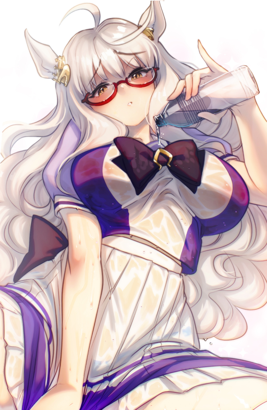 biwa hayahide (umamusume), breasts, clothed, hair ornament, horse ears, horse girl, large breasts, looking at viewer, nemumajo, pale skin, pale-skinned female, school uniform, seductive, tagme, umamusume, umamusume pretty derby, wet, wet clothes, white hair, yellow eyes