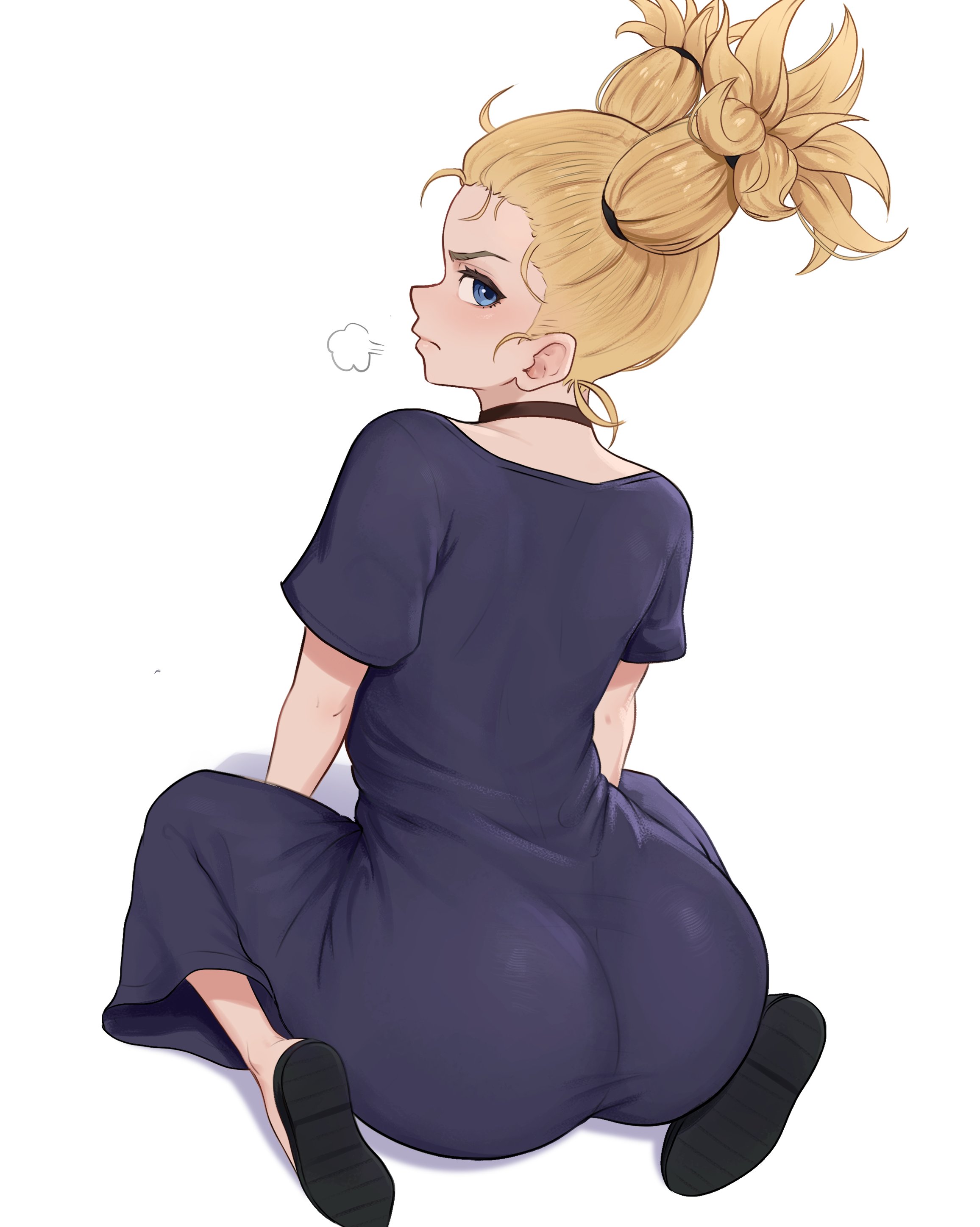 1girls, ass, ass focus, ass in dress, back, back view, big ass, black dress, blonde hair, blue eyes, brikot, bubble butt, clothing, collar, dat ass, dress, female, female only, footwear, hair, huge ass, jujutsu kaisen, looking back, neckwear, nishimiya momo, on knees, pekot, shortstack, solo, solo female, thighs, twintails, white background