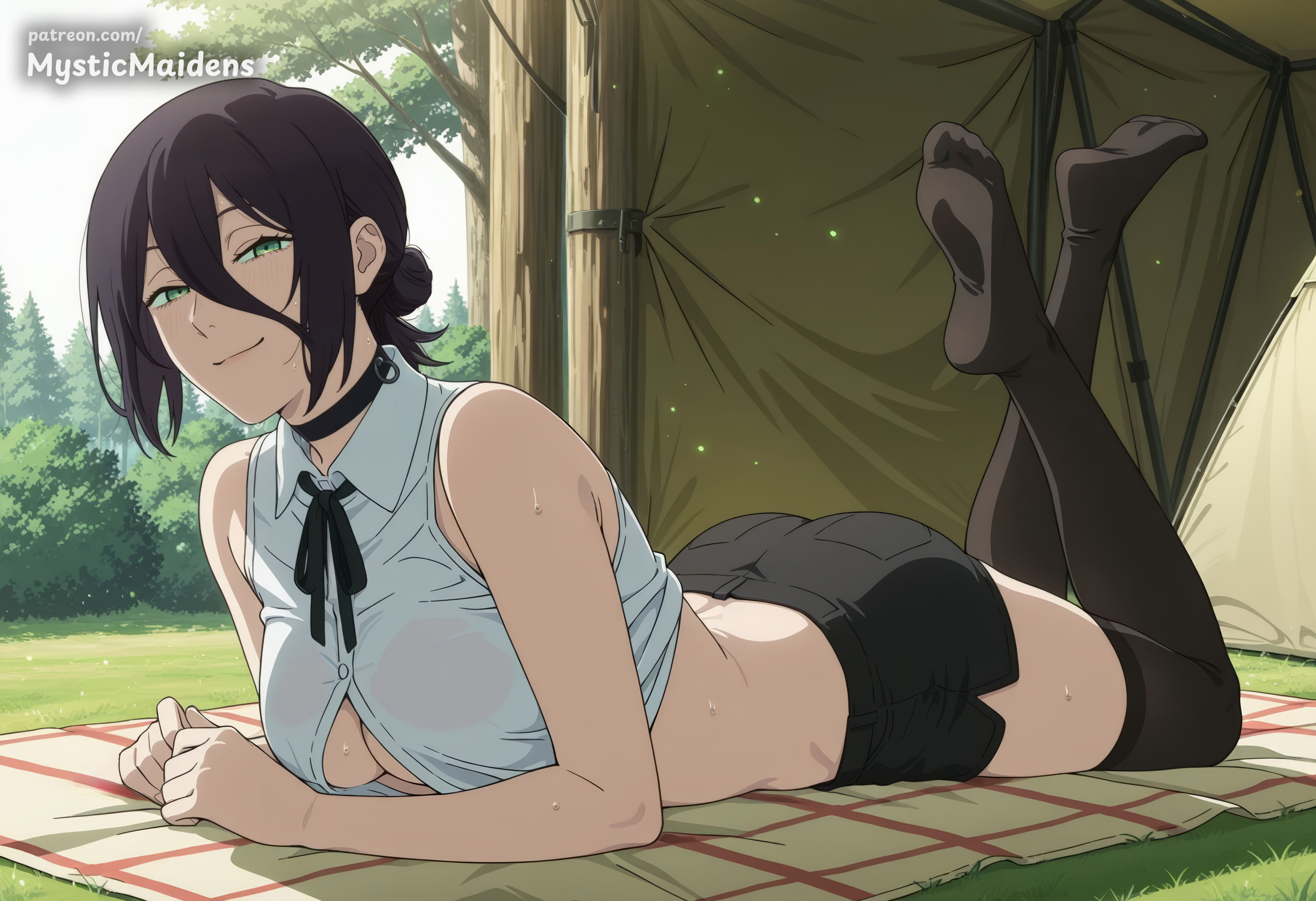 ai generated, anime, anime style, artist name, ass, bare shoulders, black choker, black hair, black ribbon, black shorts, black thighhighs, blanket, breasts, chainsaw man, choker, cleavage, closed mouth, collared shirt, day, feet, feet up, female, full body, grass, green eyes, hair between eyes, hair bun, hentai, hi res, large breasts, looking at viewer, lying, medium breasts, mystic maidens, neck ribbon, no bra, no shoes, on stomach, outdoors, patreon, patreon username, reze (chainsaw man), ribbon, shirt, short hair, short shorts, shorts, single hair bun, sleeveless, sleeveless shirt, smile, solo, sweat, tent, the pose, thighhighs, toes, white shirt