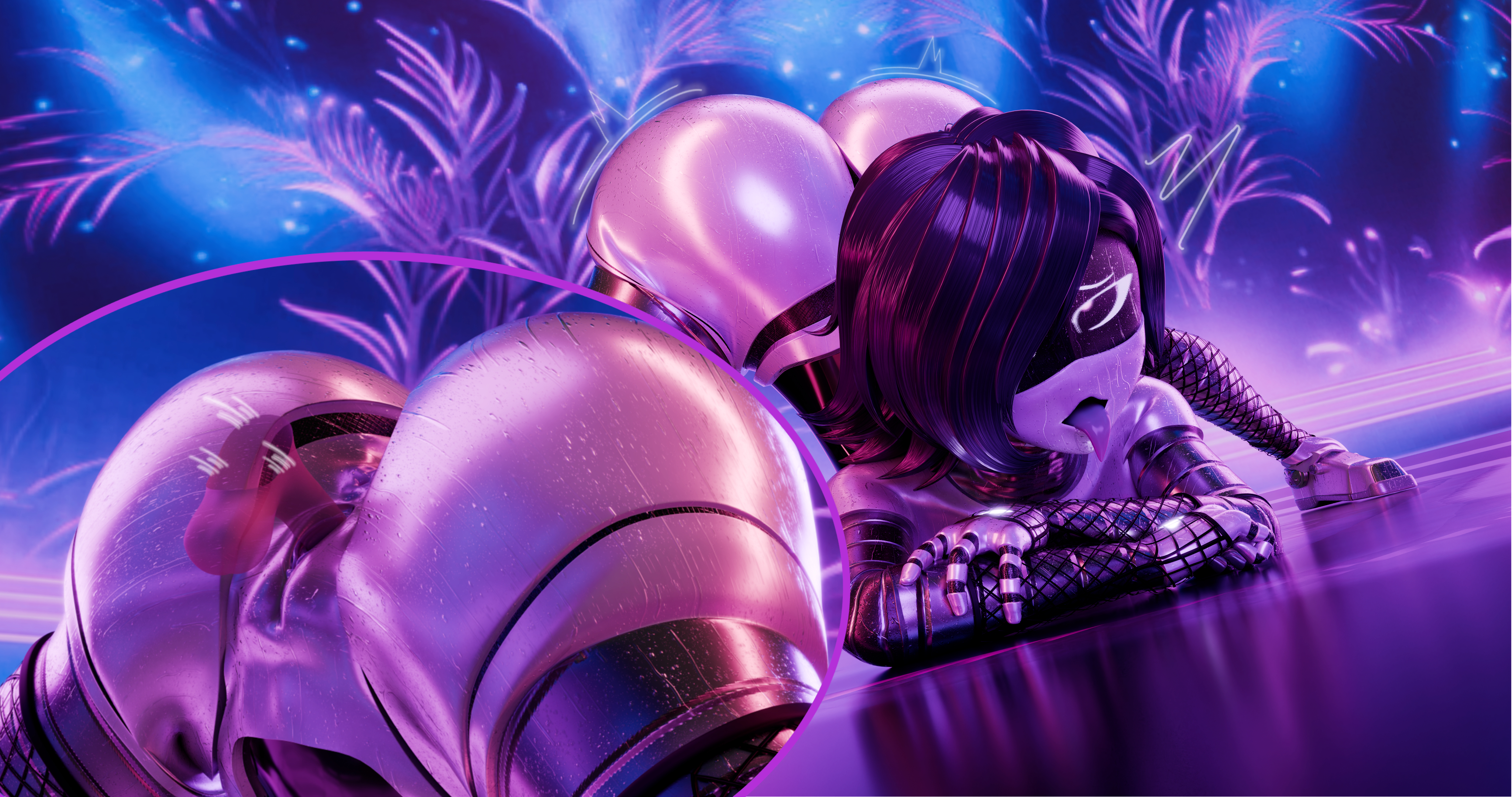 3d, armac104, blender, dance floor, eyelashes, eyes rolling back, glitch productions, human on humanoid, human on robot, humanoid penis, jack-o pose, l, looking at viewer, male/female, murder drones, murder drones x humans, neon lights, no bra, pleasure face, robot, small penis, small penis adoration, thrusting into pussy, tongue out, uzi (bysamzan), uzi (murder drones)