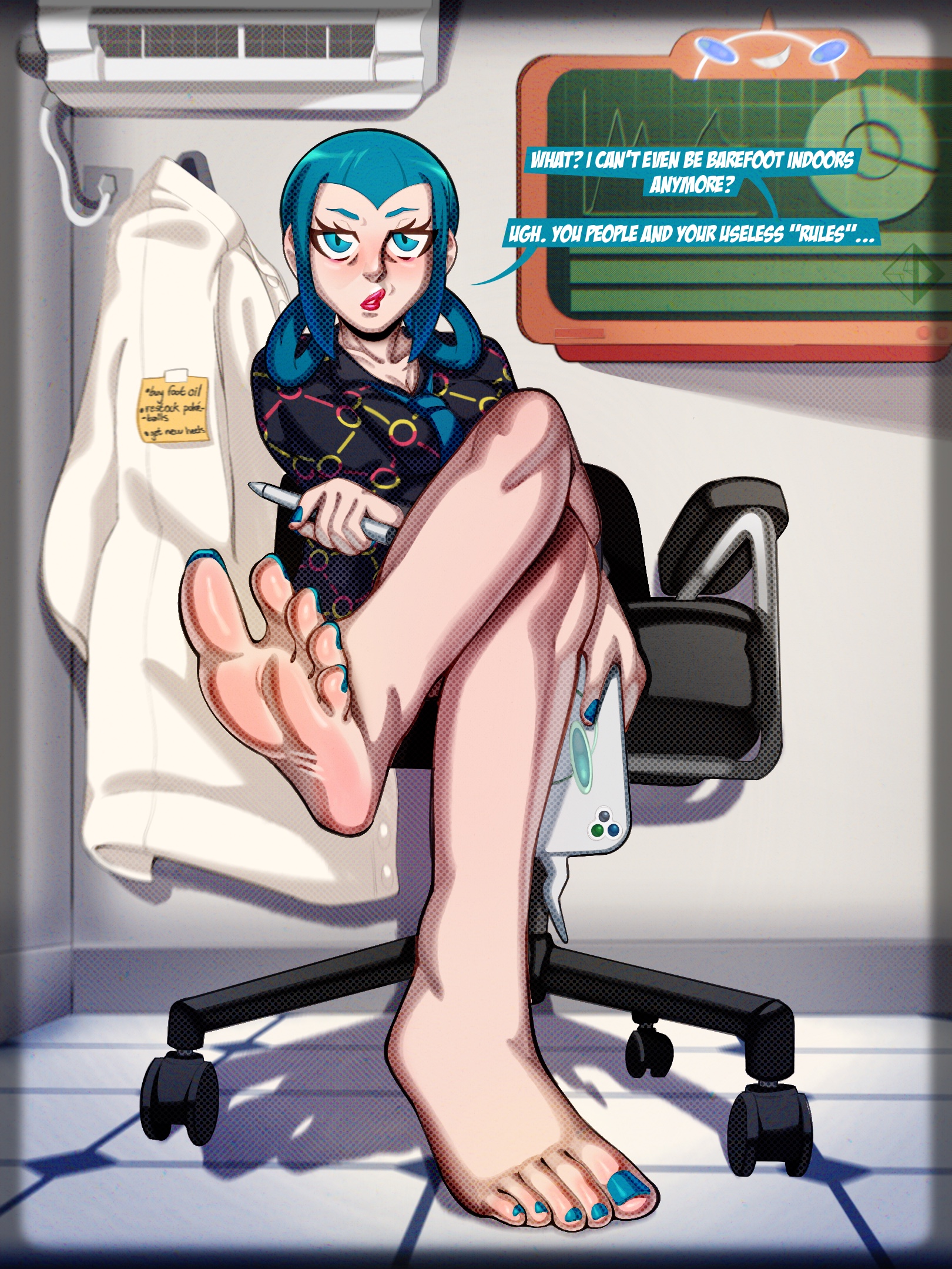2026, air conditioner, bare legs, barefoot, blue eyes, blue hair, blush, breasts, clothed, crossed legs, dialogue, digital drawing (artwork), digital media (artwork), english text, feet, feet up, female, foot fetish, foot focus, game freak, hi res, holding phone, human, indoors, labcoat, laboratory, light skin, lipstick, mable (pokemon legends: z-a), mable (pokemon), momiji (pokemon legends: z-a), momiji (pokemon), nail polish, nintendo, offscreen character, pokemon, pokemon legends: z-a, rotom, rotom phone, shiny hair, sitting, splooshiidood, talking to viewer, text, tiles, toenail polish, toes, twin braids