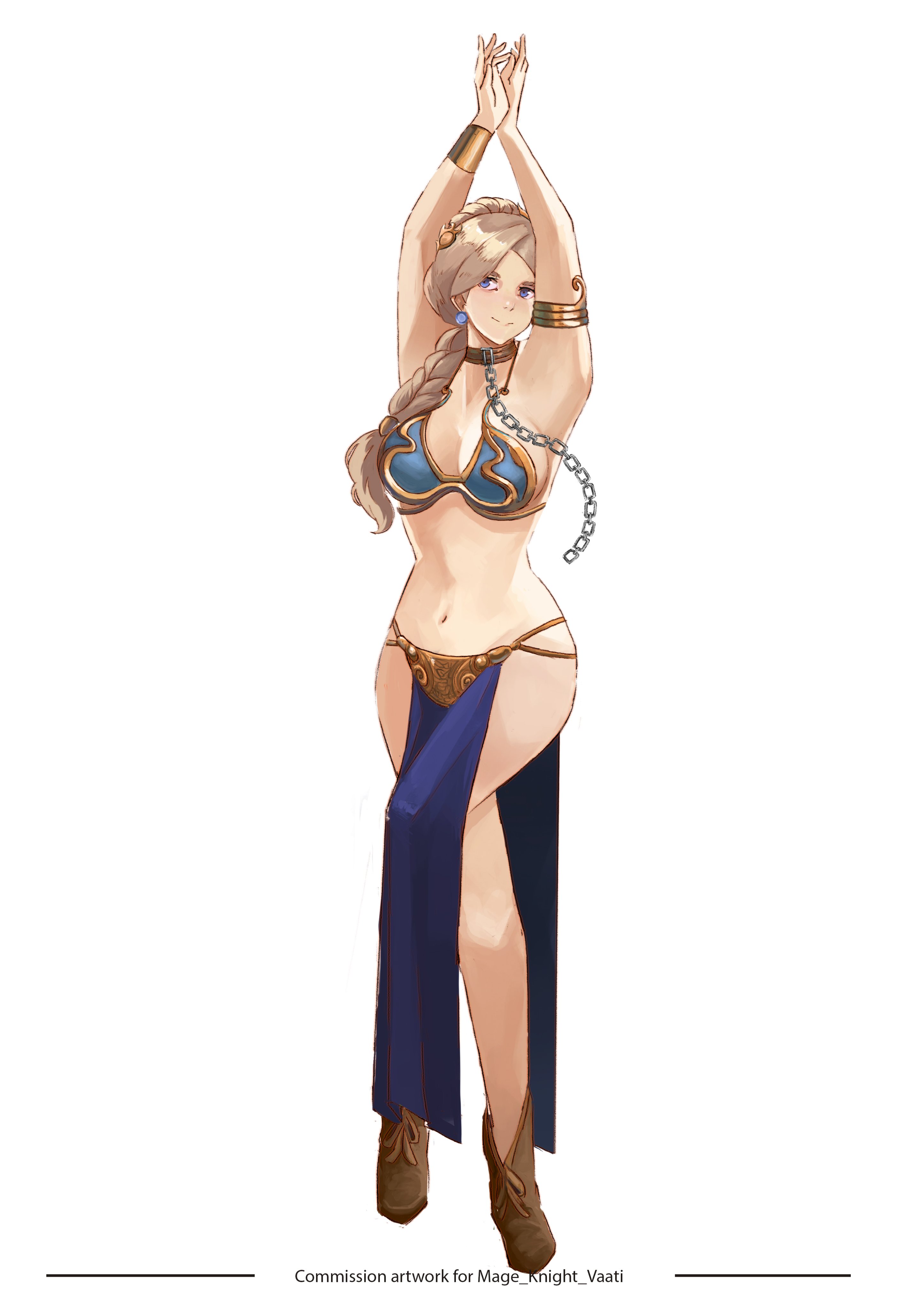 1girls, armpits, arms up, belly dancer, belly dancer outfit, belly dancing, blonde hair, blue loincloth, boots, braided hair, chain leash, chained, cleavage, collar, crossover cosplay, female, female only, fire emblem, fire emblem: three houses, harem girl, harem outfit, large breasts, loincloth, long hair, mercedes von martritz, metal collar, revealing clothes, rod langhi, slave, slave bikini, slave collar, slave girl, slave leia (cosplay), slave outfit, star wars, twitter