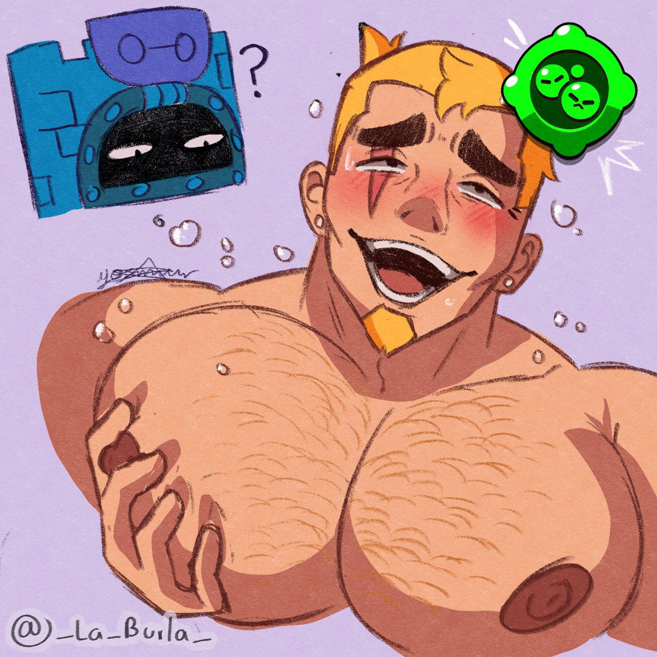 ash (brawl stars), big chest, big pecs, blonde hair, blush, brawl stars, chest, gay, goatee, grabbing chest, grabbing pecs, grom (brawl stars), hairy, hairy chest, hairy pecs, holding chest, holding pecs, huge chest, huge pecs, la burla, laughing, nsfw, pecs, shitpost, yaoi, yumeko grabbing her breast
