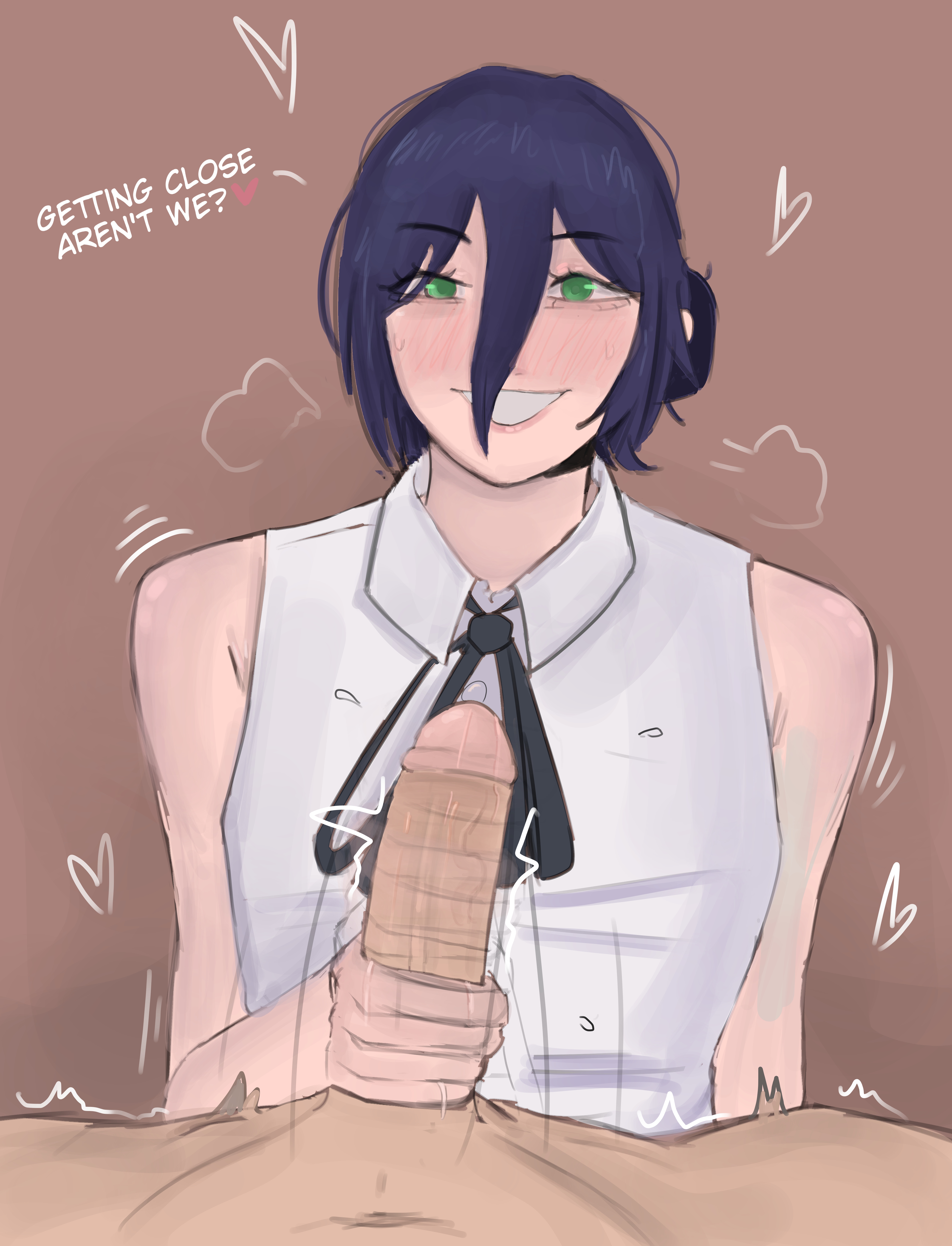 azazelinp, big eyes, chainsaw man, clothed, edging, fast handjob, green eyes, handjob, heart symbol, loving it, purple hair, reze (chainsaw man), sketch, smile at viewer, smiling, smirking, teasing, tied hair