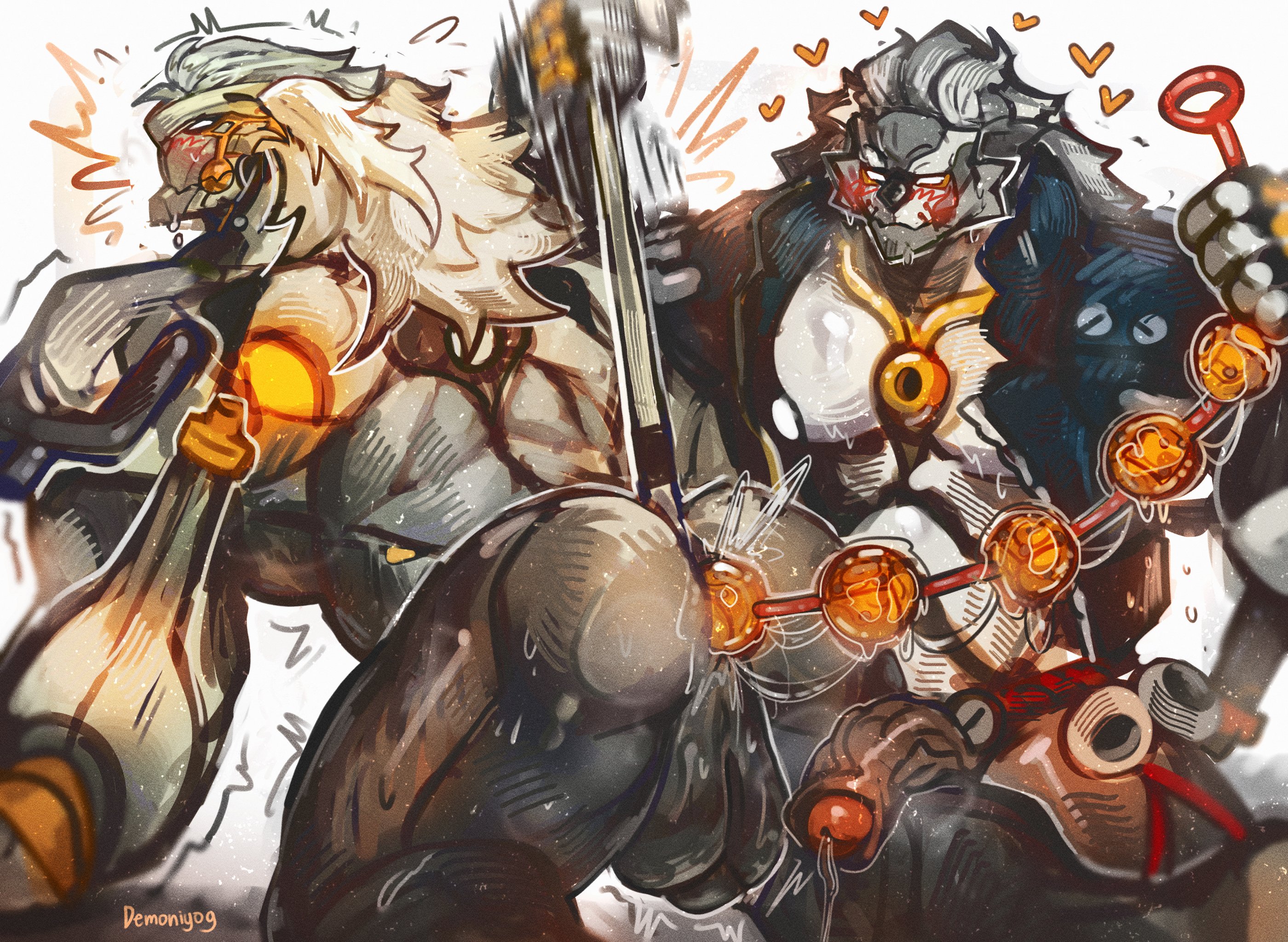 2boys, artist request, ass, balls, banyue (zenless zone zero), baoding balls, blush, boner, demoniyog, erection, from behind, gay, male, male only, male/male, mihoyo, muscular, nude, penetration, penis, sex, yaoi, zenless zone zero