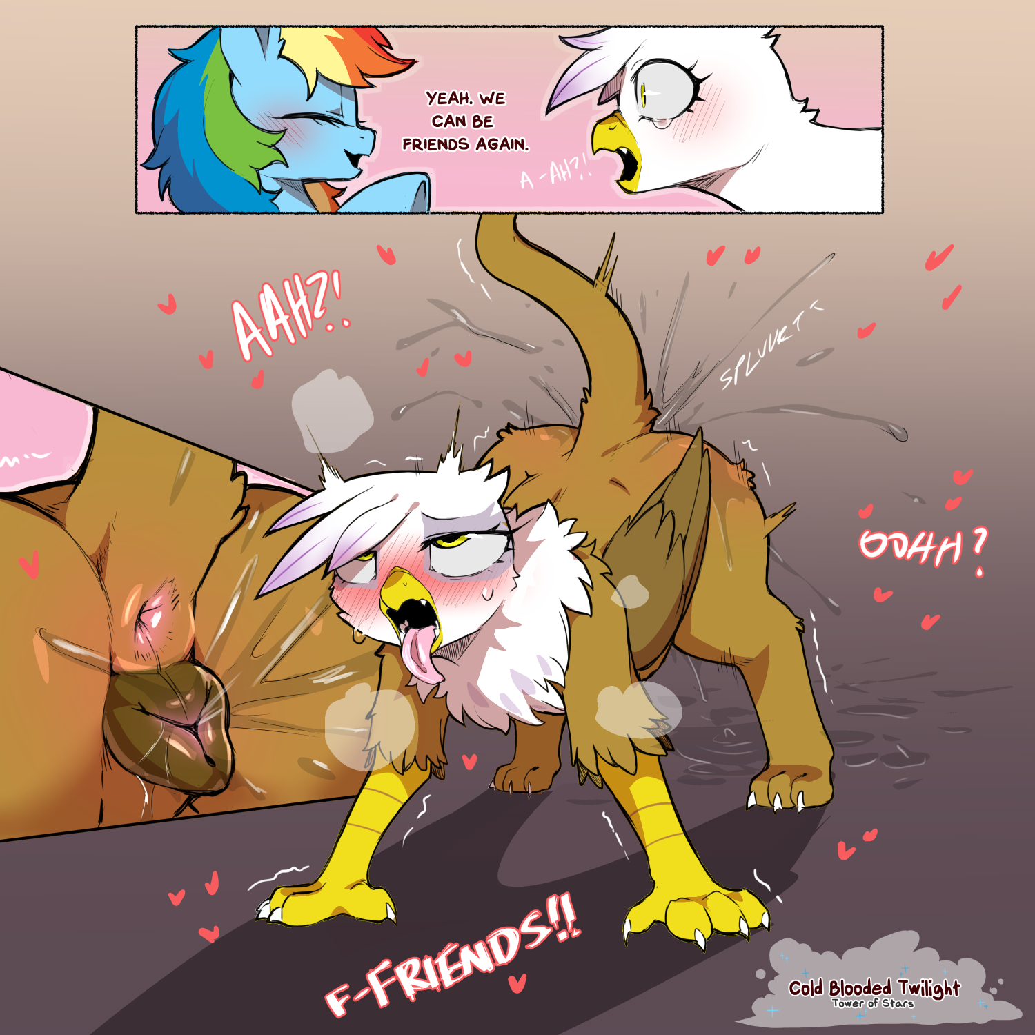 1:1, ahe gao, animal genitalia, anthro, anus, areola, ass, avian, beak, biped, blue body, blush, bodily fluids, breasts, brown body, cold-blooded-twilight, comic, dialogue, duo, ejaculation, english text, equid, equine, eyelashes, female, friendship is magic, fur, genital fluids, genitals, gilda (mlp), gryphon, hair, hands-free, hasbro, hi res, looking pleasured, mammal, multicolored hair, my little pony, mythological avian, mythological creature, mythology, nipples, orgasm, orgasm face, pupils, rainbow dash (mlp), smile, spontaneous ejaculation, text, thick thighs, tongue, tongue out, vaginal fluids, vaginal squirting, vulva, wings