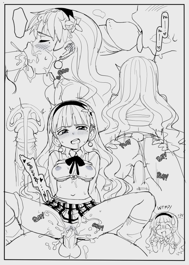 amy (slammo), anus, ass, blunt bangs, breasts, clothing aside, cowgirl position, cum, cum in mouth, cum in pussy, drooling, fellatio, greyscale, hairband, impregnation, long hair, medium breasts, monochrome, oral, original, panties, panties aside, penis, reverse cowgirl position, saliva, sex, simple background, slammo, straddling, underwear, white background