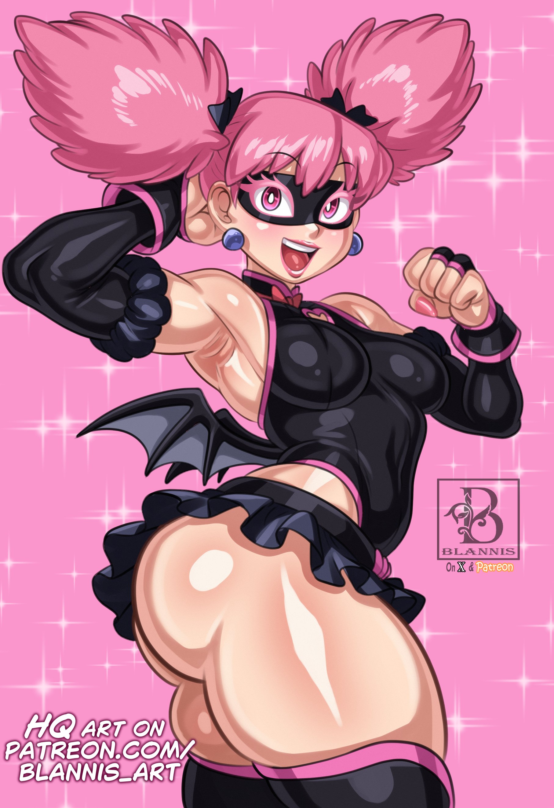 1girls, alternate version available, armwear, ass, backless leotard, bare legs, bare thighs, bat wings, big ass, black leotard, black skirt, blannis art, breasts, domino mask, eyewear, female, female only, hair, hand behind head, haneyama kazuho, legs, leotard, medium breasts, my hero academia, pink eyelashes, pink eyes, pink hair, pop step, short skirt, skirt, smile, solo, solo female, sparkles, thick thighs, thighs, twin drills, twintails, vigilante: my hero academia illegals, wings