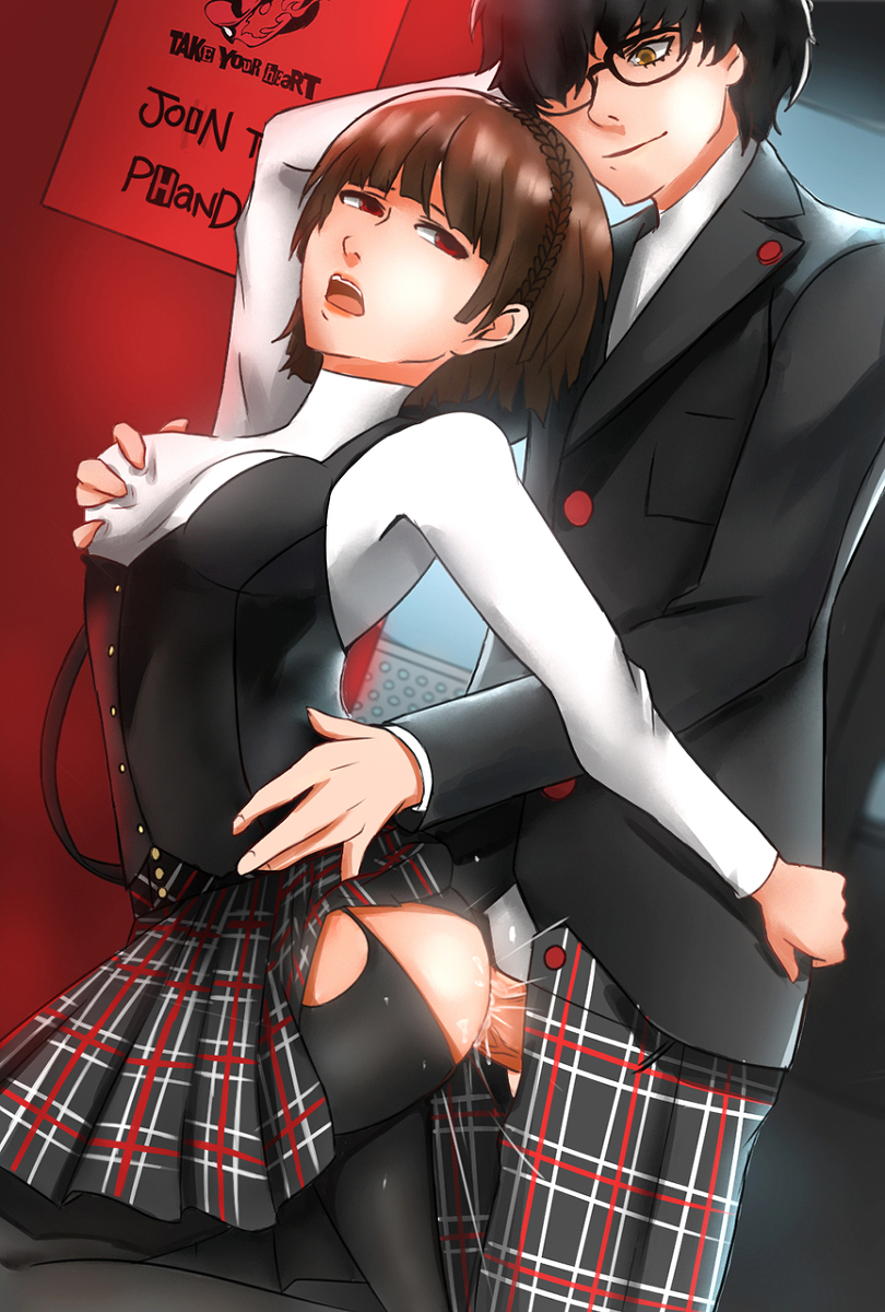 1boy, 1girls, ambiguous fluids, ambiguous penetration, atlus, bl/ess, bodily fluids, breast grab, breasts, clothed, clothing, duo, eyewear, female, glasses, joker (persona), makoto niijima, male, megami tensei, penis, persona, persona 5, pleated skirt, ren amamiya, sex, skirt, straight, tagme