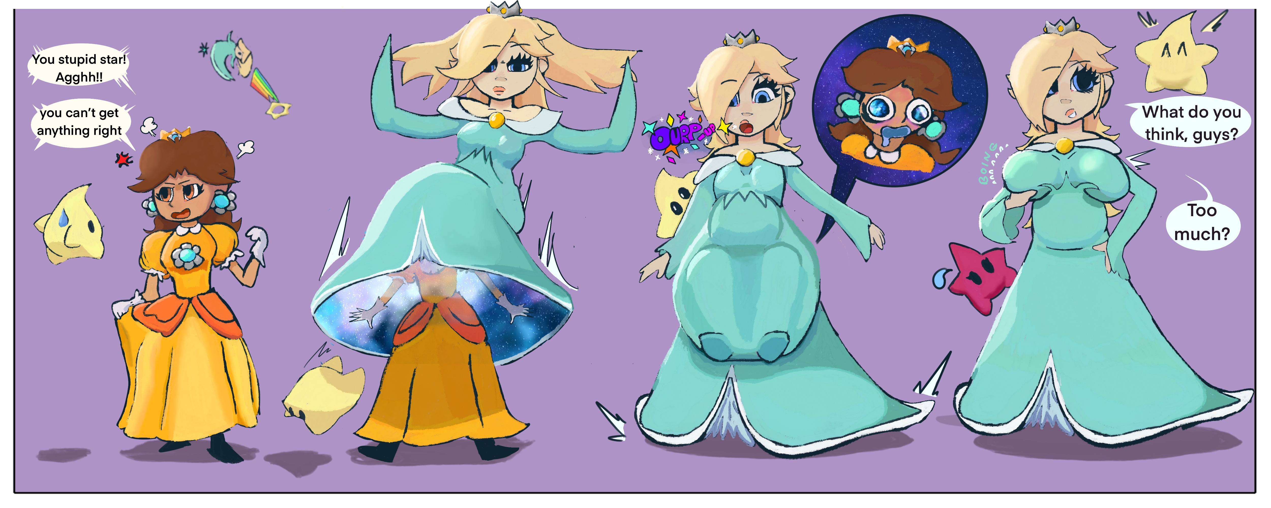 anal vore, big breasts, breast expansion, burp, burping, digested, digestion, female prey, luma, mario (series), princess daisy, princess rosalina, same size vore, sequence, soft vore, super mario galaxy, unwilling, unwilling prey, vore, vore belly