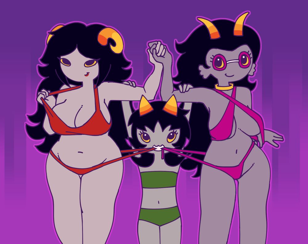 3girls, aradia megido, bikini, feferi peixes, homestuck, nebularts, nepeta leijon, pulling bikini string, swimsuit, swimsuit pull