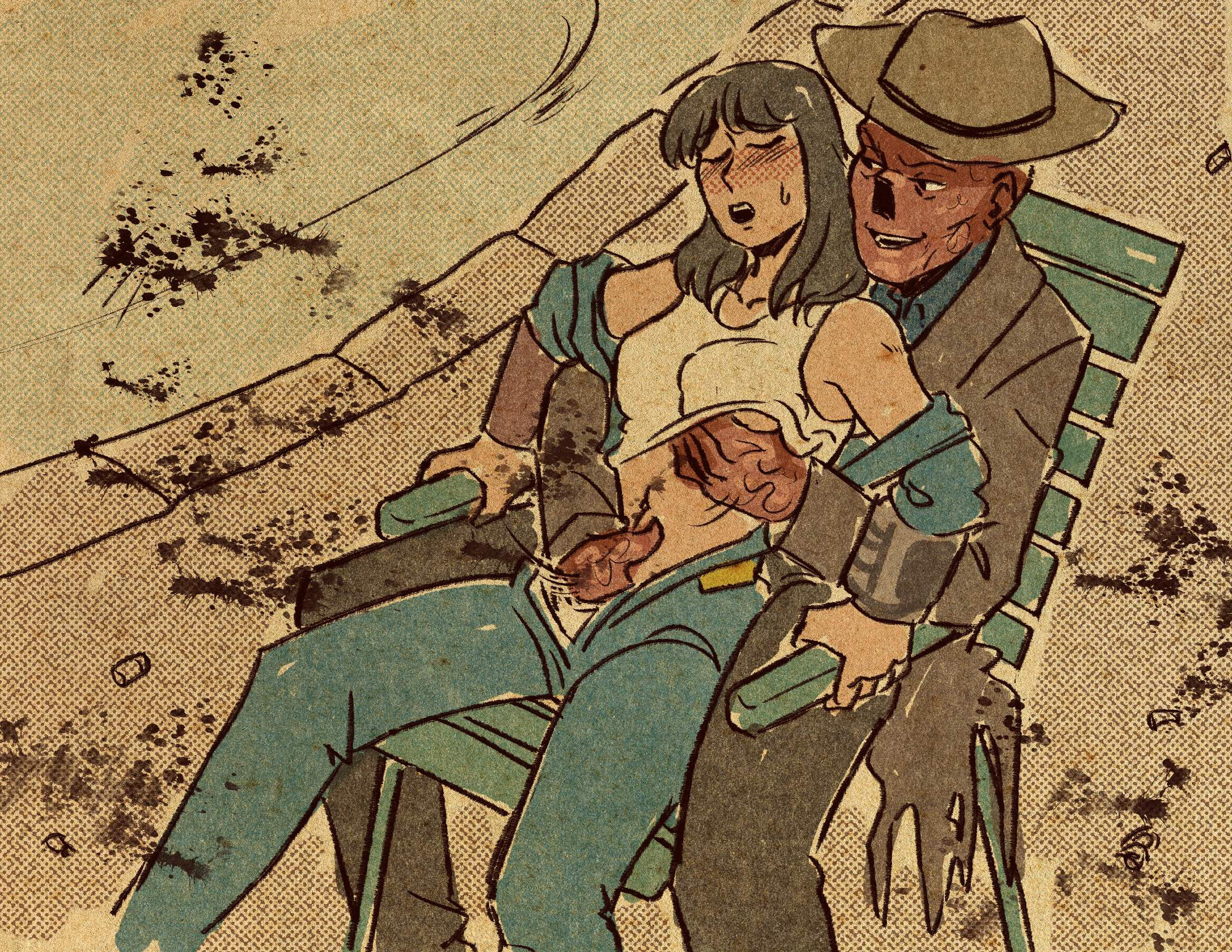 1girls, 2d, breasts, clothed sex, cooper howard, fallout, fallout (series), fallout (tv series), fingering, fingering partner, fingering pussy, ghoul (fallout), groping, groping breasts, groping from behind, hand in panties, hetero sex, lucy maclean, male/female, pip-boy, vault suit