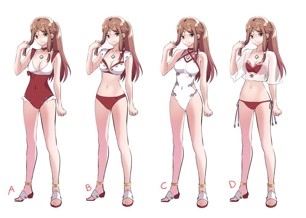 bikini blush breasts brown_hair cleavage core_crystal female full_body hair_ribbon haze_(xenoblade) large_breasts long_hair looking_at_viewer misu_kasumi navel nintendo one-piece_swimsuit ponytail ribbon shirt simple_background smile standing swimsuit xenoblade_(series) xenoblade_chronicles_2 xenoblade_chronicles_2:_torna_the_golden_country yellow_eyes