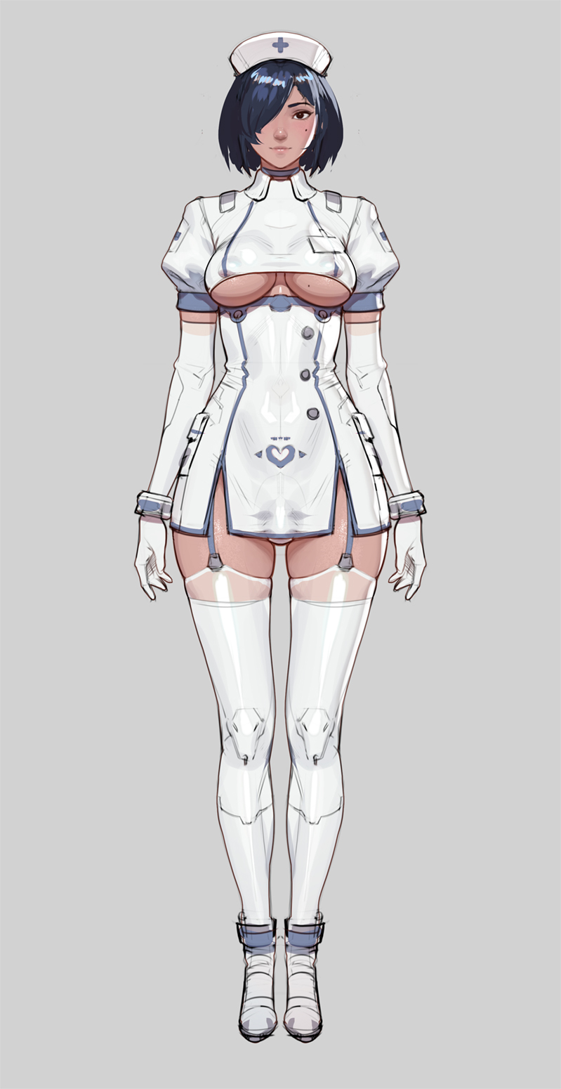 1futa, 1futanari, 2d, 2d (artwork), black hair, breasts, dark hair, dark skin, futa only, futanari, garter straps, gloves, hair over one eye, long gloves, looking at viewer, minidress, nurse, nurse cap, nurse hat, nurse outfit, nurse uniform, solo, solo futa, standing, stockings, tarakanovich, underboob, underboob cutout, uniform, white gloves, white stockings