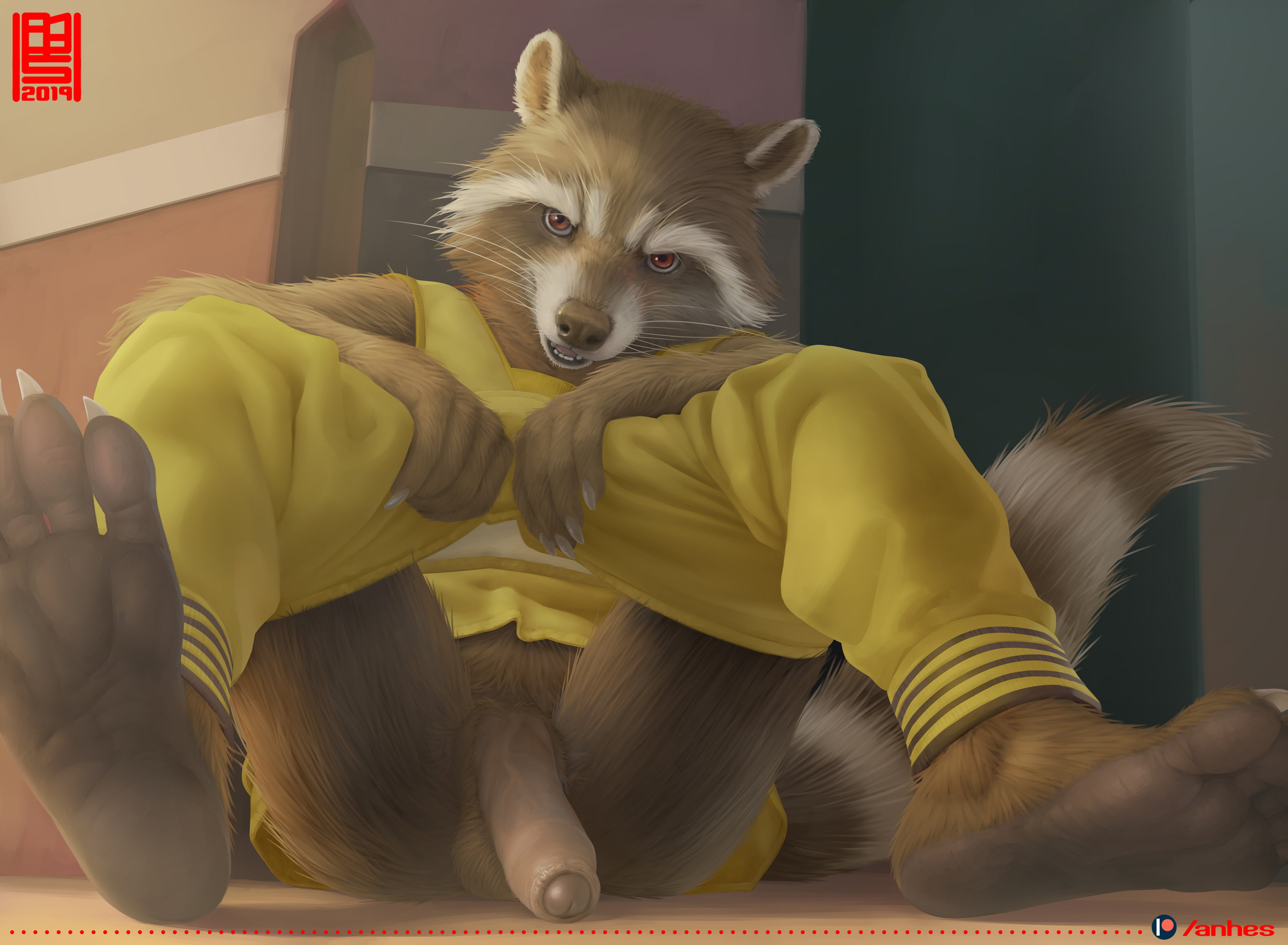 anhes, anthro, balls, bottomless, feet, furry, guardians of the galaxy, looking at viewer, male, male only, marvel, marvel comics, penis, rocket raccoon, sitting, smile, solo, teeth, testicles