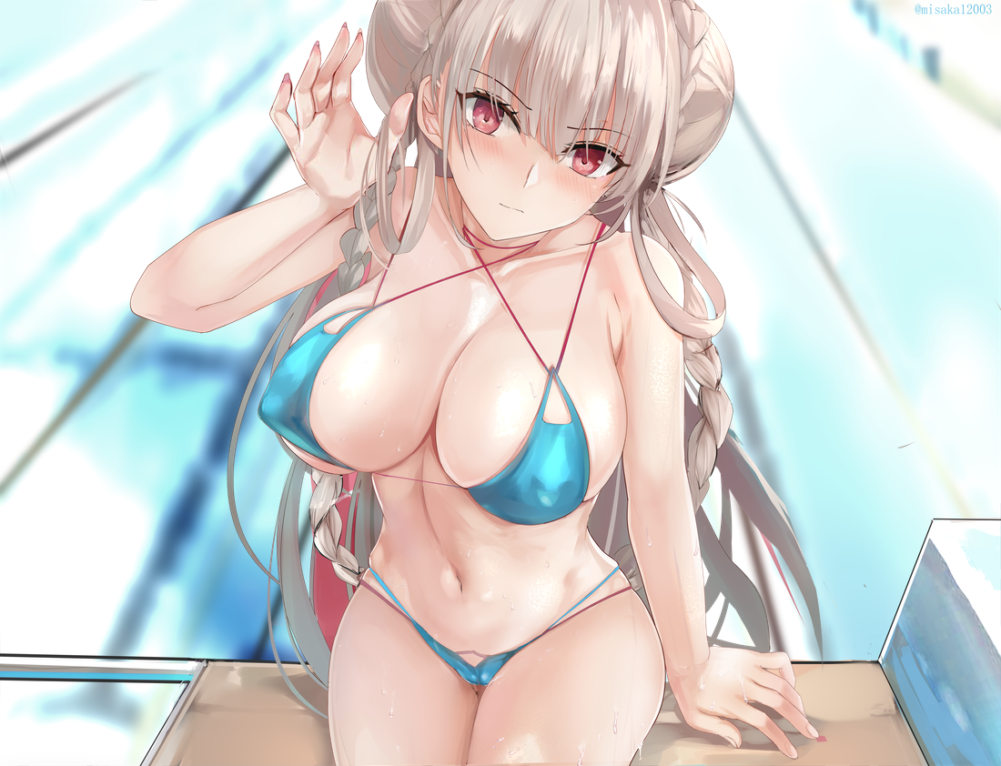 1girls, azur lane, bikini, breasts, cleavage, erect nipples, female, female only, formidable (azur lane), looking at viewer, misaka 12003-gou, nipple bulge, nipples, solo, string bikini